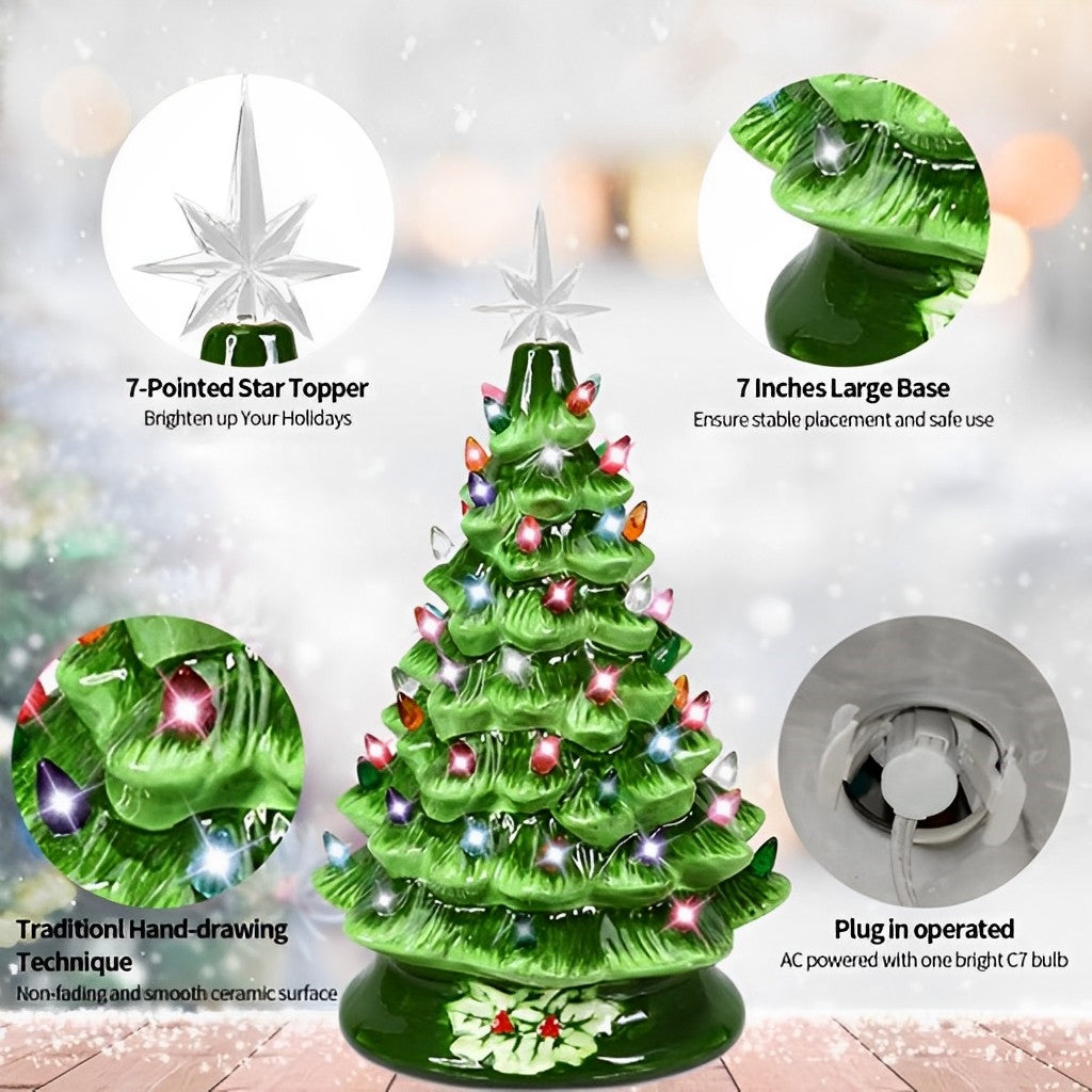 15in Ceramic Christmas Tree, Lighted Artificial Christmas Decoration Hand Painted Lighted Tree with Star