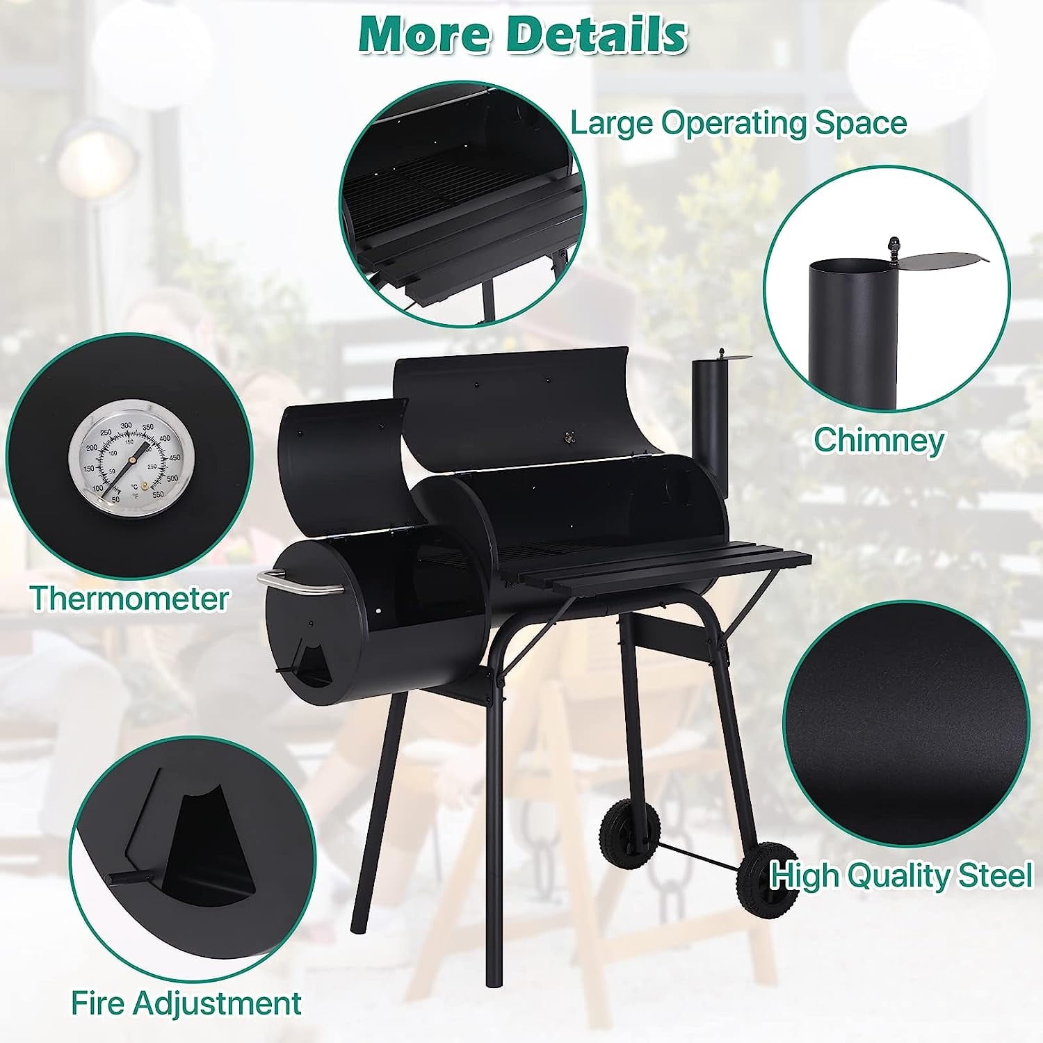 SUGIFT Outdoor Portable BBQ Charcoal Grill with Offset Smoker