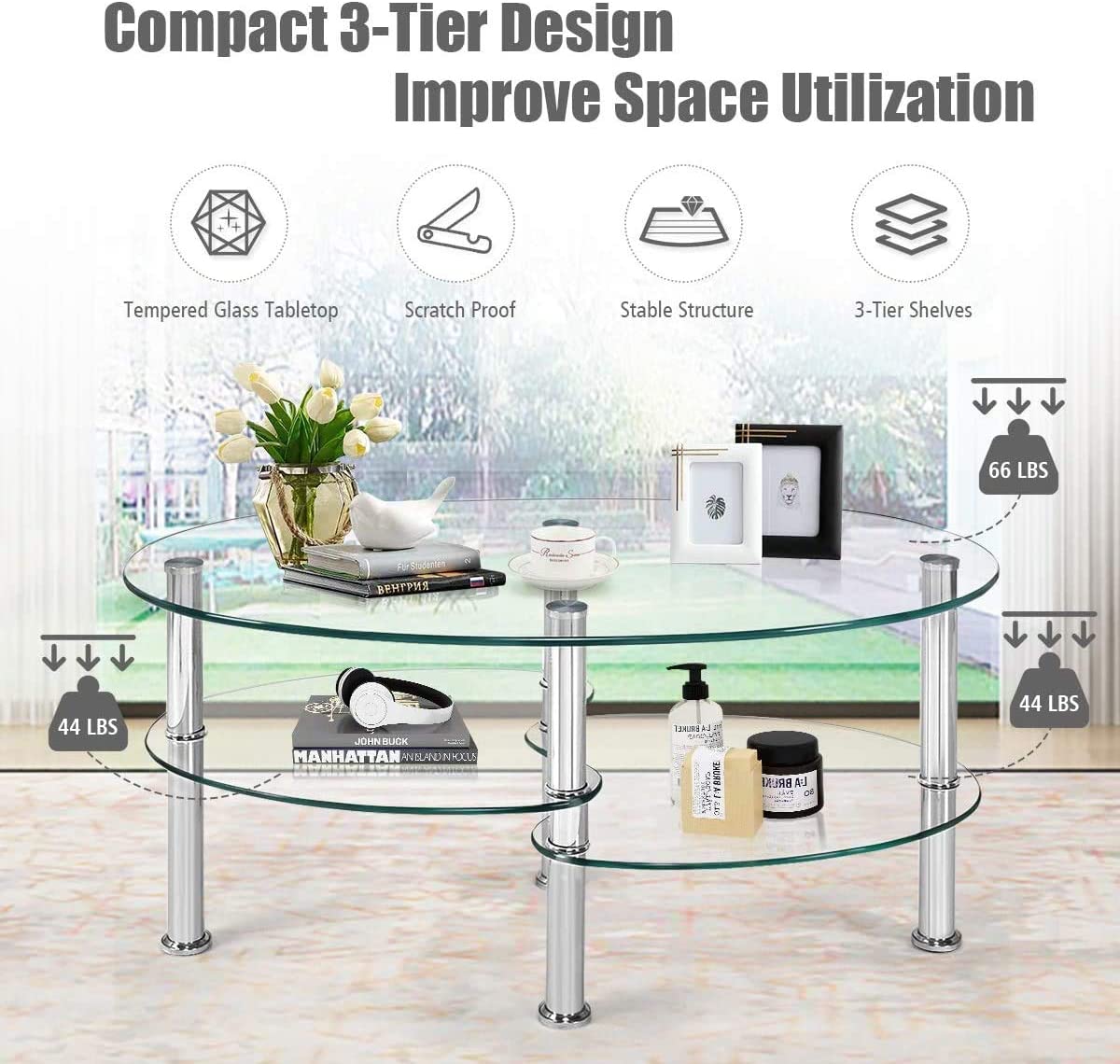 SUGIFT Tempered Glass Oval Side Coffee Table Shelf Chrome Base Living Room Clear