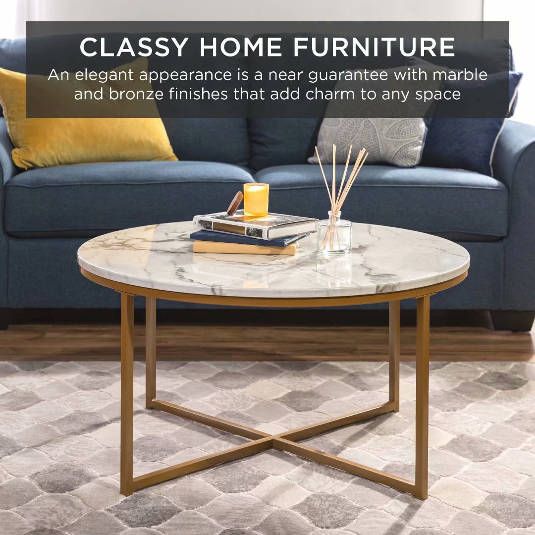 Modern Coffee Table 36in Faux Marble Modern Living Room Round Accent Side Coffee Table