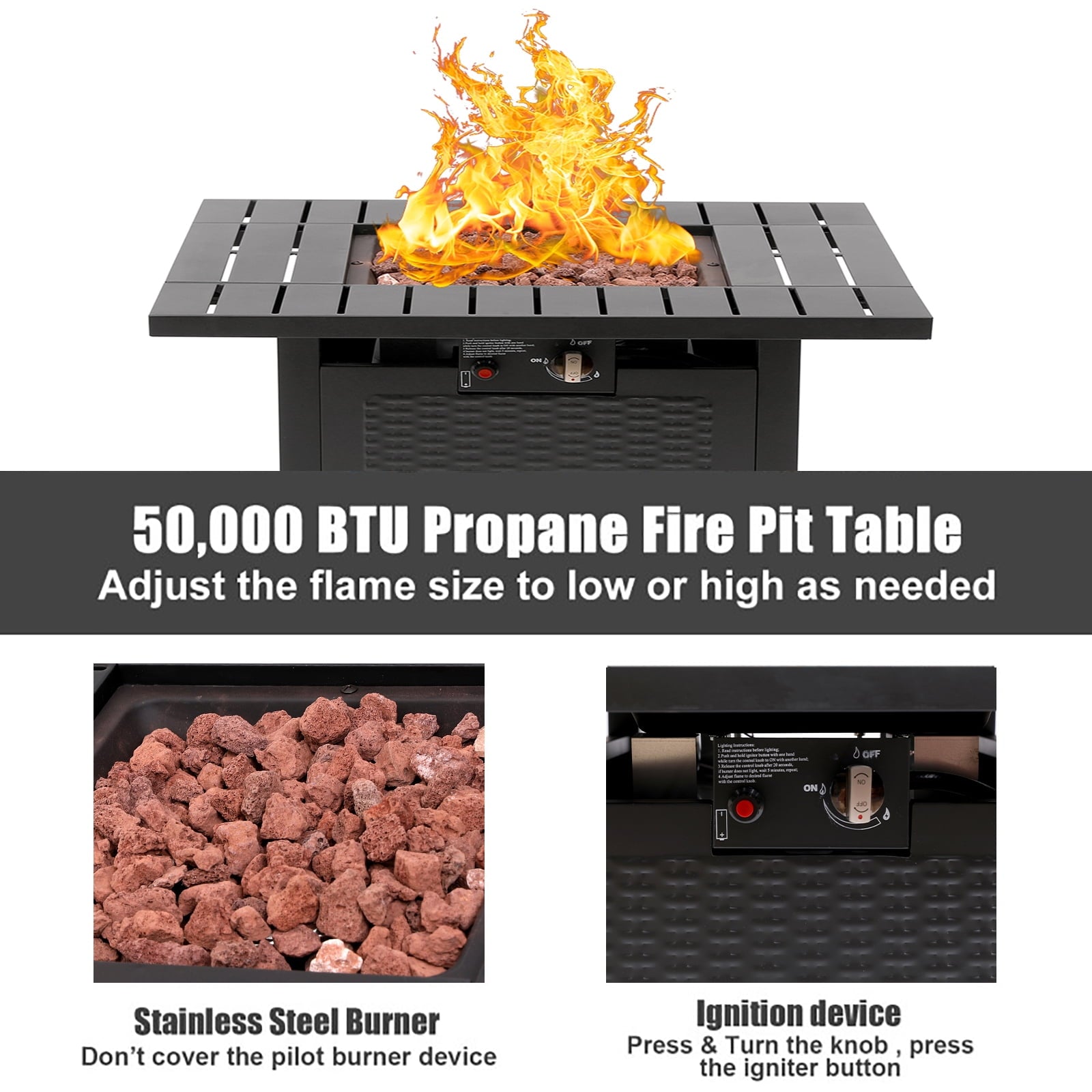 SUGIFT 28in 50000 BTU Propane Gas Fire Pit Table with Lava Rocks, Metal Lid and Protective Cover