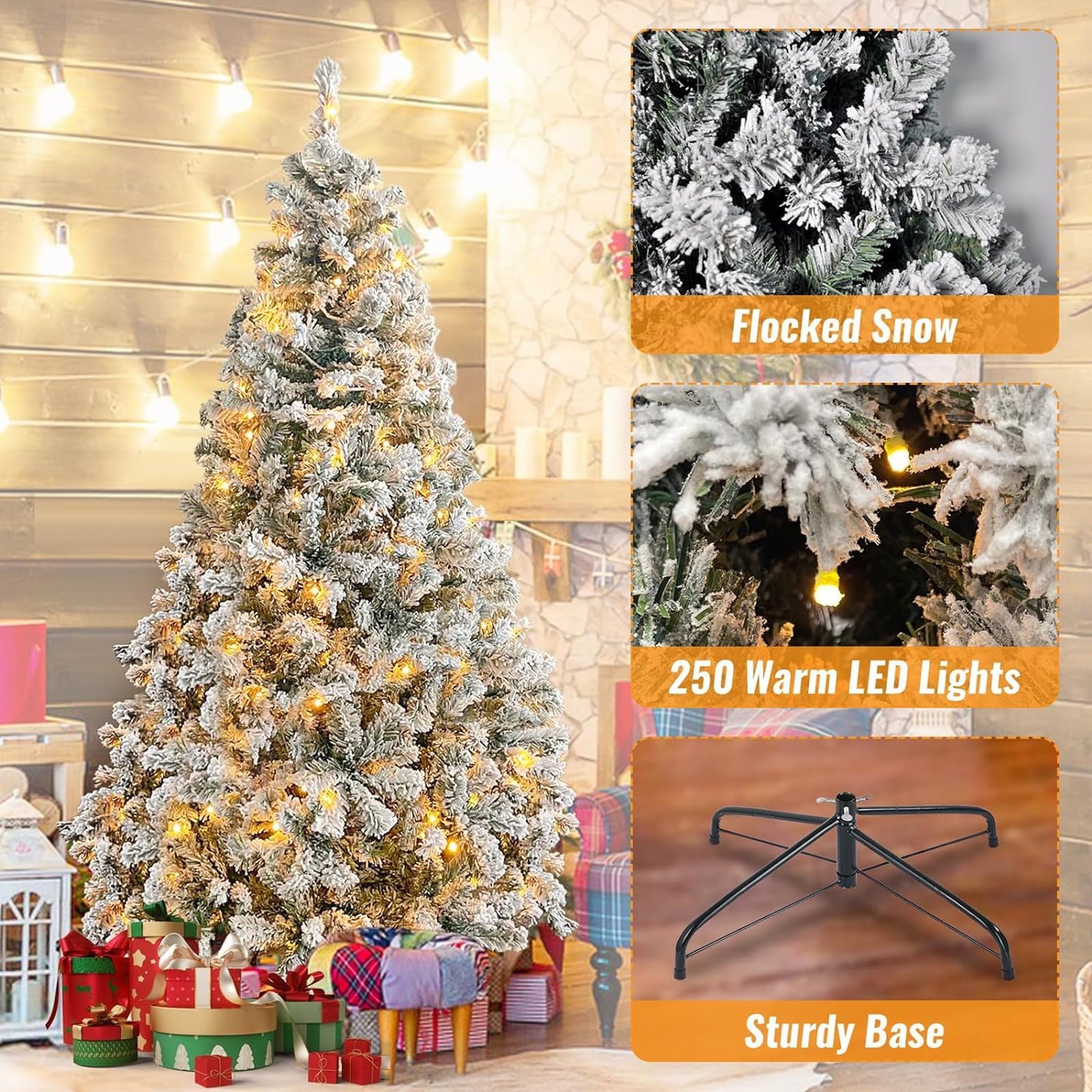 SUGIFT 6ft Artificial Frosted Christmas Tree, Premium Holiday Pine Branches with 1000 Tips & 250 Warm-White/Muliti-Color Lights - Warm-White