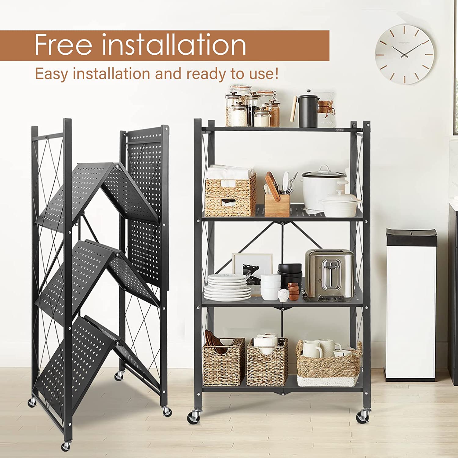 4-Tier Foldable Storage Shelving Unit, Heavy Duty Metal Shelf, Kitchen Shelf with 3 Hooks