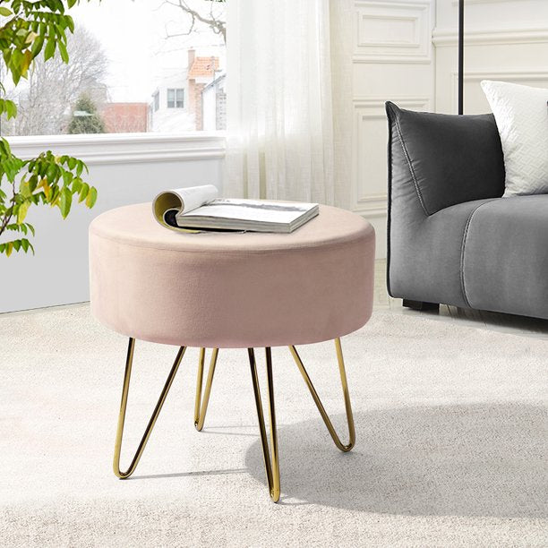 SUGIFT  17.7in Round Shaped Ottoman with Metal Legs Pink and Gold