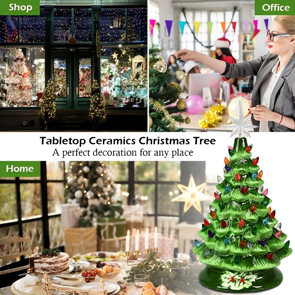15in Ceramic Christmas Tree, Lighted Artificial Christmas Decoration Hand Painted Lighted Tree with Star