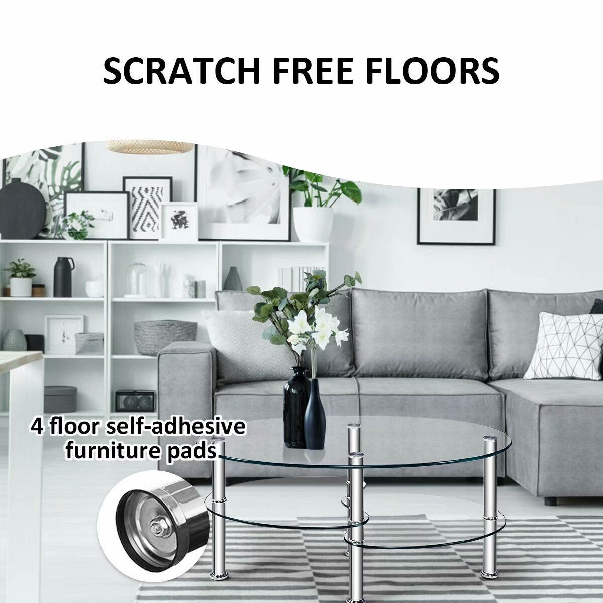 SUGIFT Tempered Glass Oval Side Coffee Table Shelf Chrome Base Living Room Clear