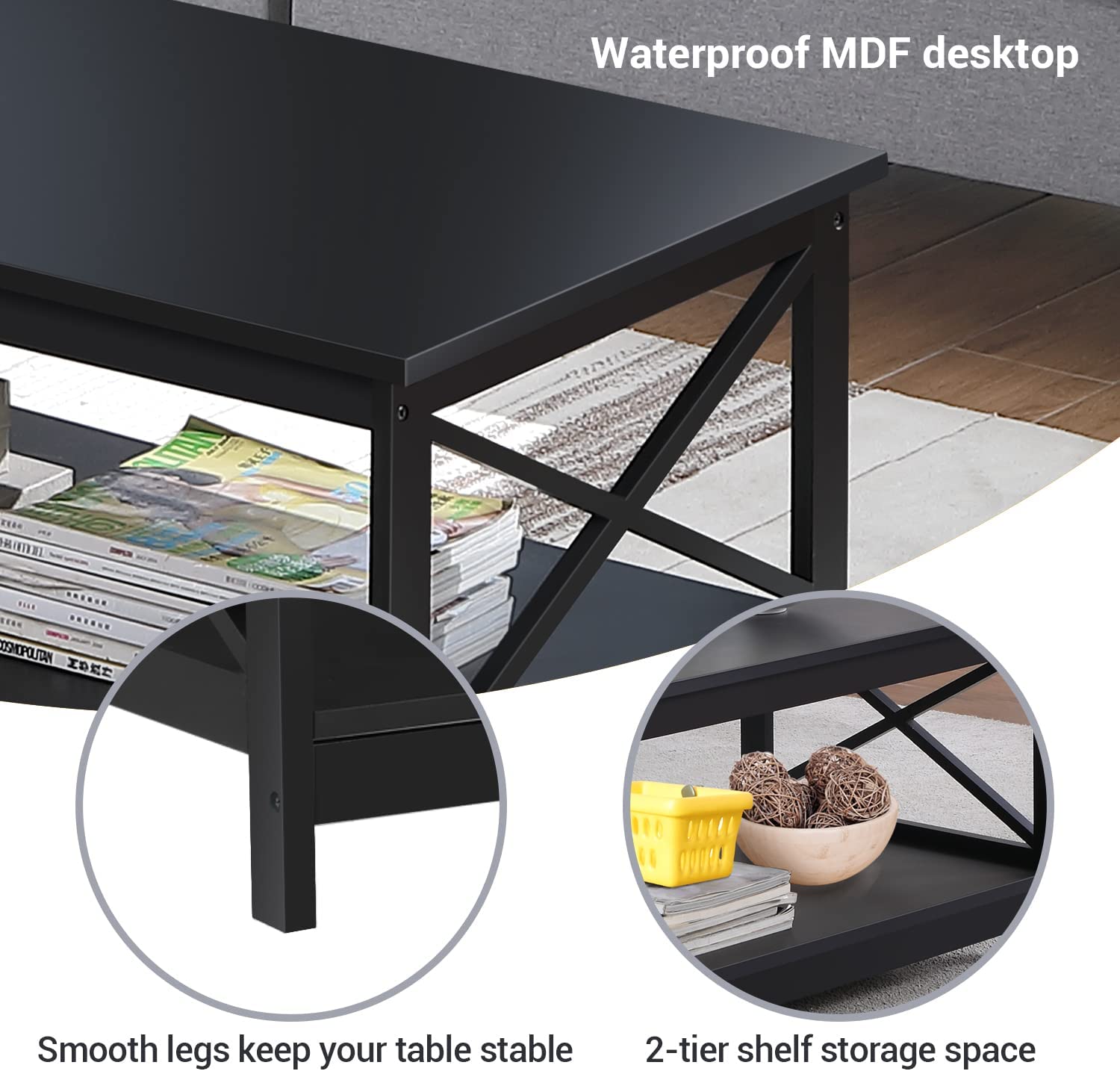 Coffee Table End Table with Storage Shelf,Black