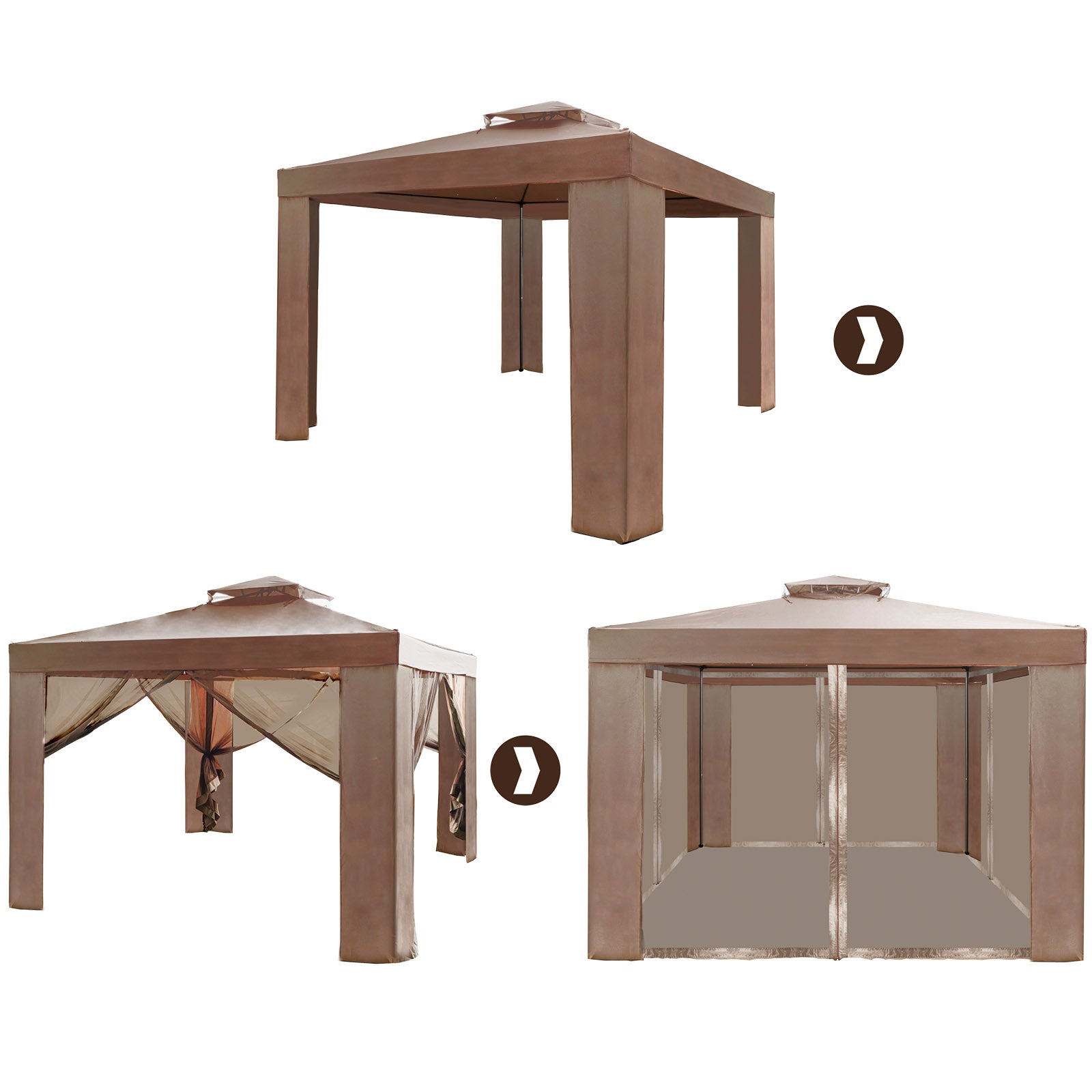 10'x10' Outdoor Canopy Gazebo Tent with Netting 4 Sandbags, Brown