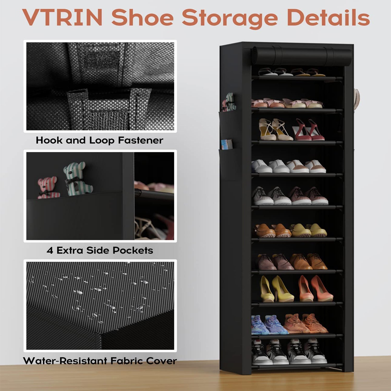 SUGIFT 10 Tier Shoe Rack Shoe Storage Cabinet with Dustproof Cover