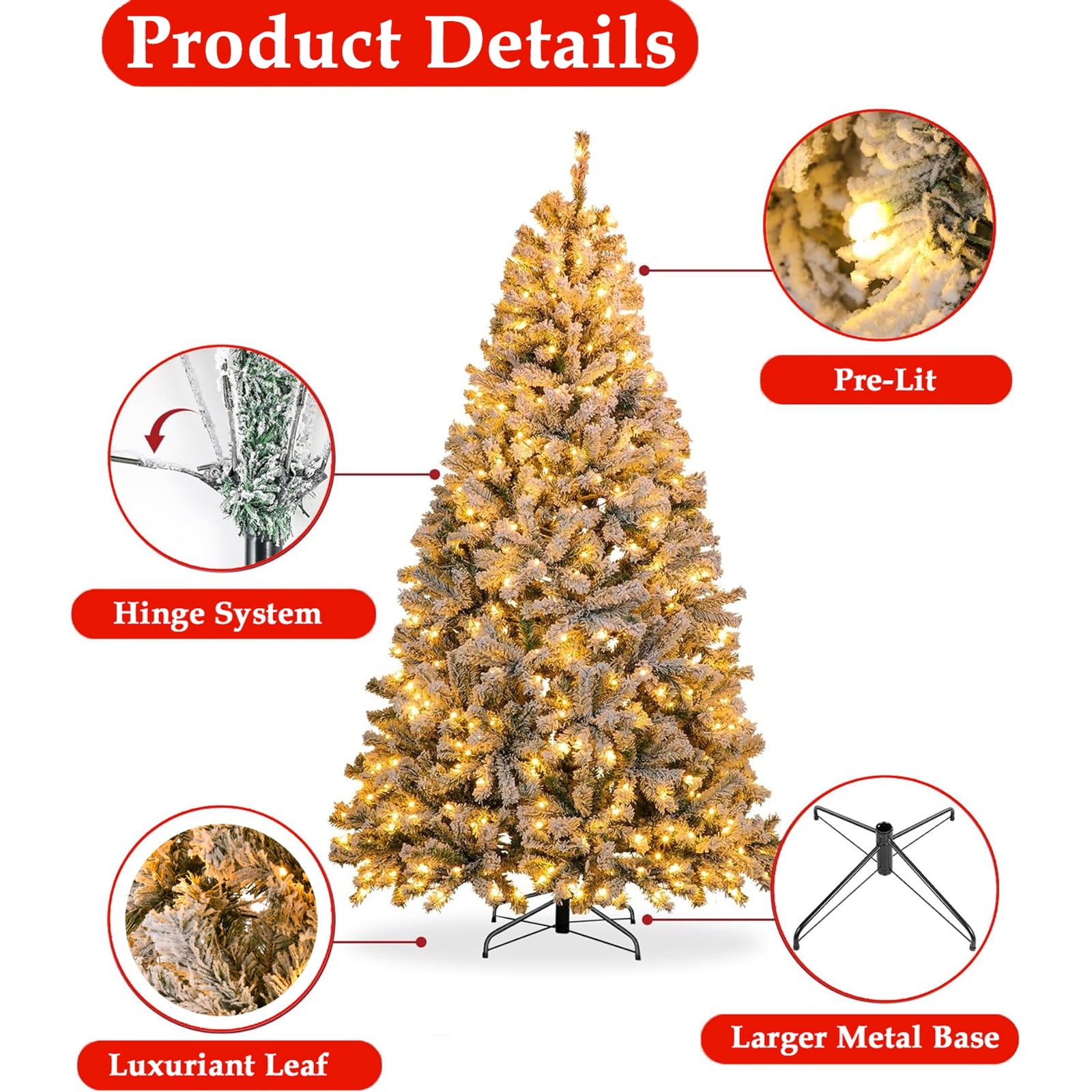 SUGIFT 6ft Artificial Frosted Christmas Tree, Premium Holiday Pine Branches with 1000 Tips & 250 Warm-White/Muliti-Color Lights - Warm-White