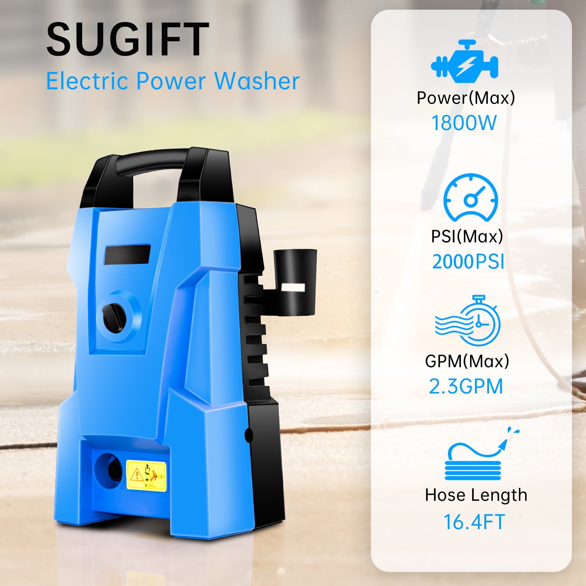 SUGIFT 2000-PSI 2.3-GPM Electric Pressure Washer 1800W High Pressure Washer Cleaner Machine - 2000 PSI