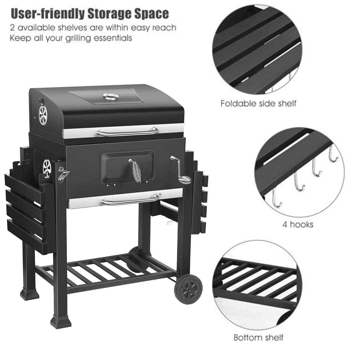 SUGIFT 24-inch Charcoal BBQ Grill with 2 Folding Side Shelves in Black