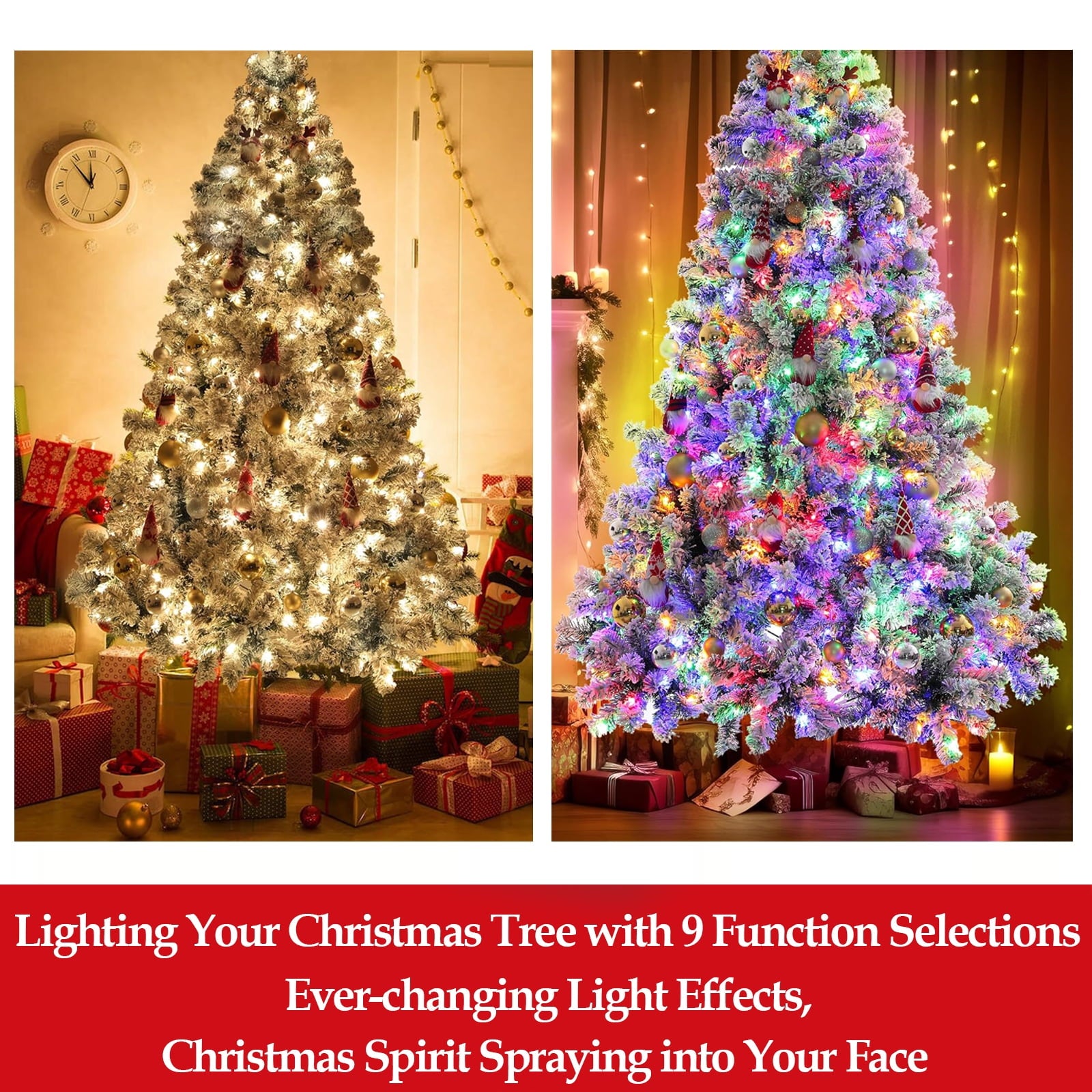 SUGIFT 6ft Artificial Frosted Christmas Tree, Premium Holiday Pine Branches with 1000 Tips & 250 Warm-White/Muliti-Color Lights - Muliti-Color
