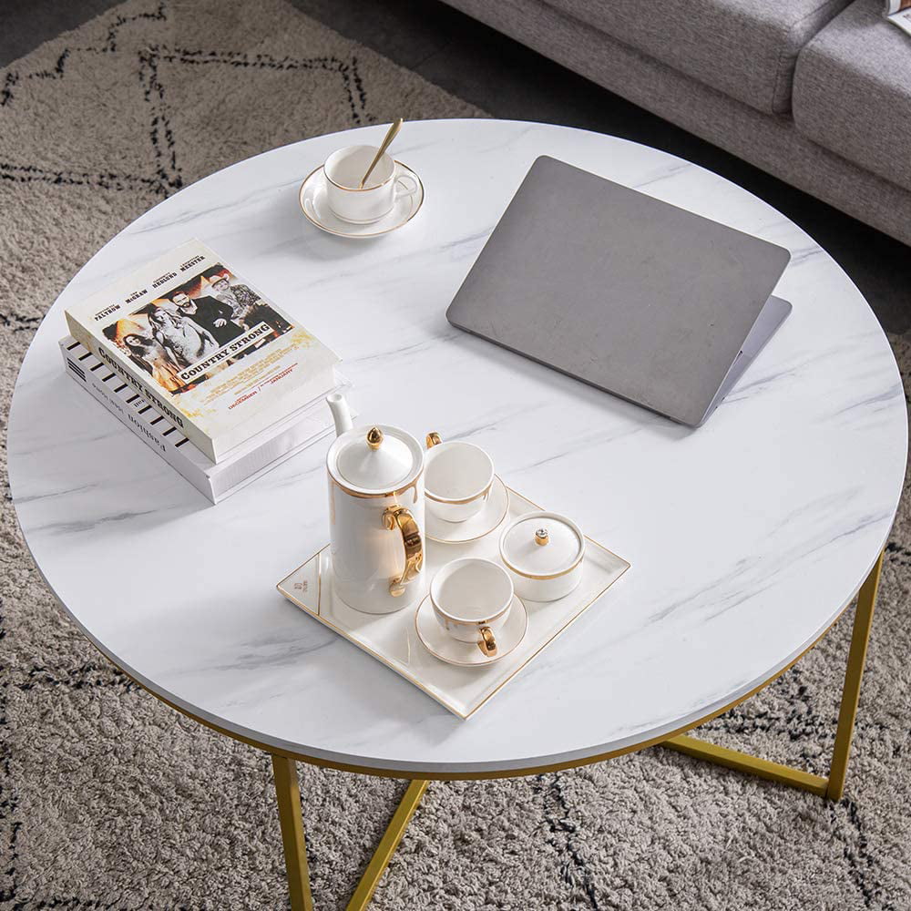 Modern Coffee Table 36in Faux Marble Modern Living Room Round Accent Side Coffee Table
