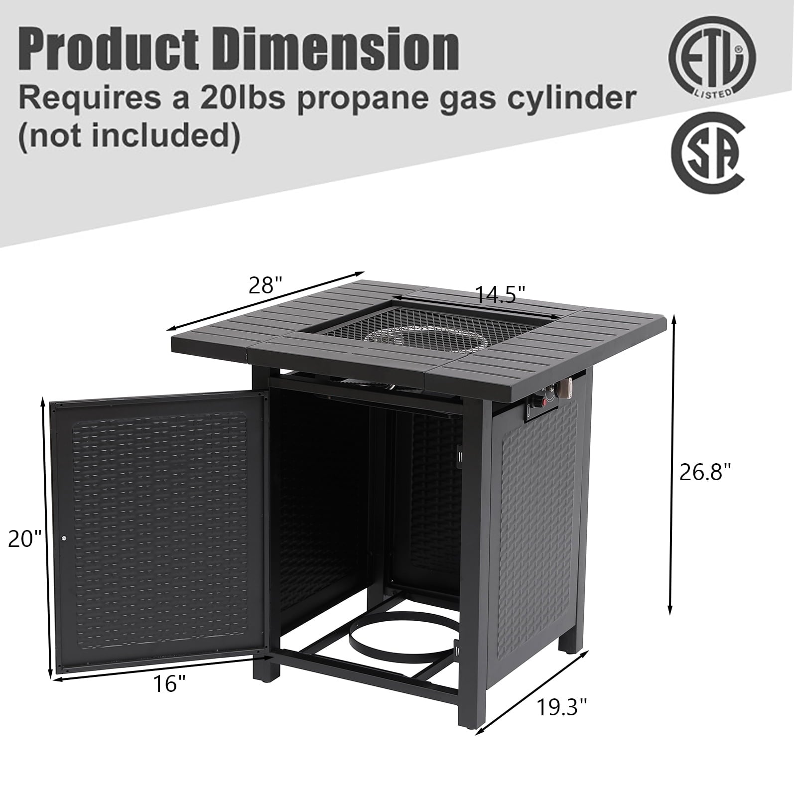 SUGIFT 28in 50000 BTU Propane Gas Fire Pit Table with Lava Rocks, Metal Lid and Protective Cover