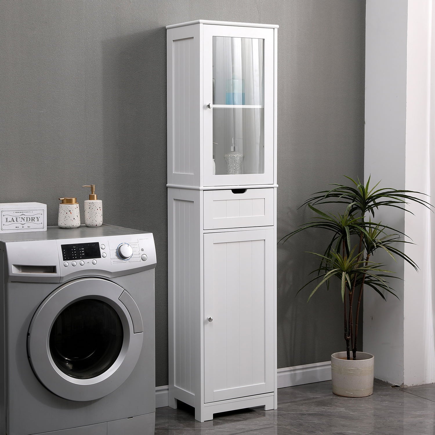 11.8 in. W x 15.7 in. D x 67 in. H White Freestanding Bathroom Storage Linen Cabinet with Adjustable Shelves