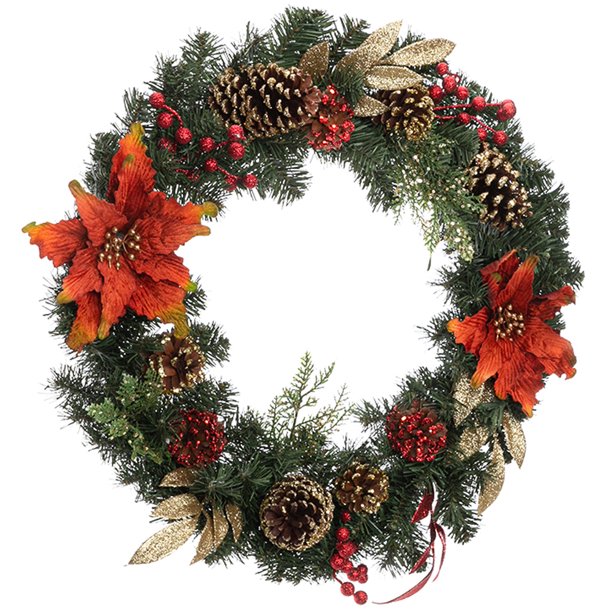 Artisasset A Christmas Wreath Decorated With Red Flowers And Pine Nuts