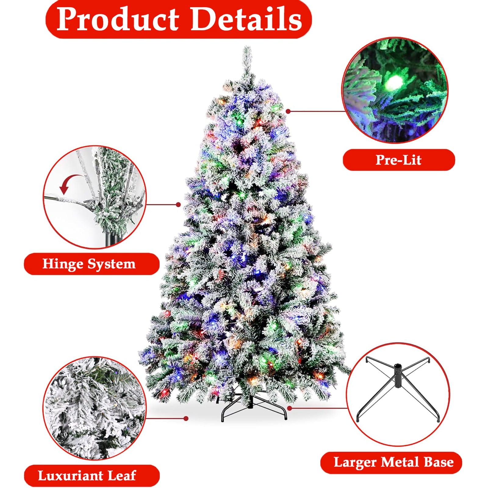 SUGIFT 6ft Artificial Frosted Christmas Tree, Premium Holiday Pine Branches with 1000 Tips & 250 Warm-White/Muliti-Color Lights - Muliti-Color