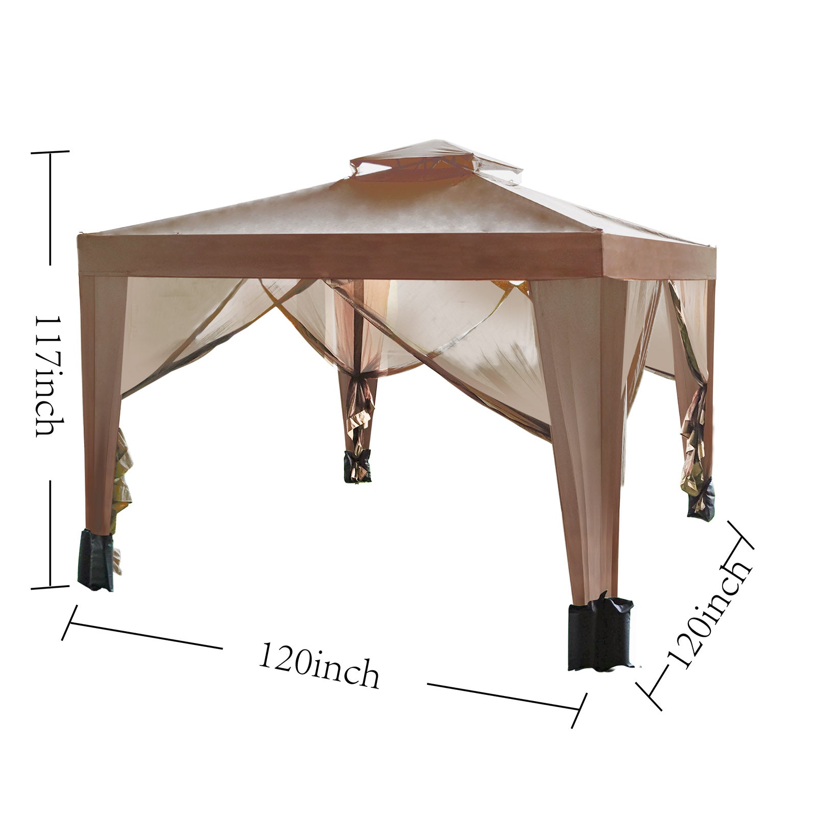 10'x10' Outdoor Canopy Gazebo Tent with Netting 4 Sandbags, Brown