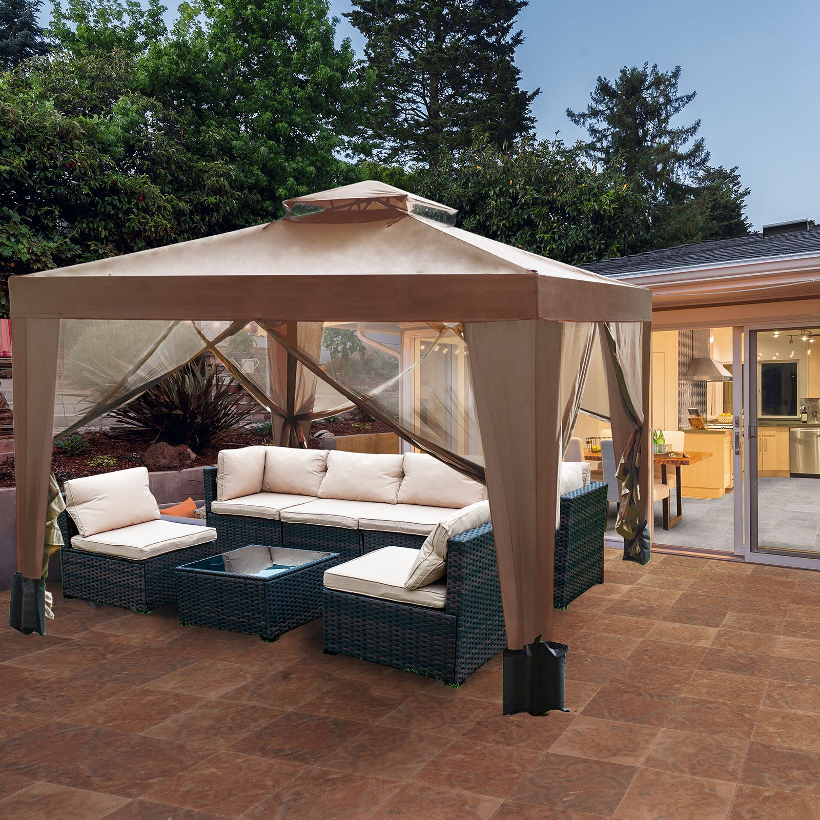 10'x10' Outdoor Canopy Gazebo Tent with Netting 4 Sandbags, Brown