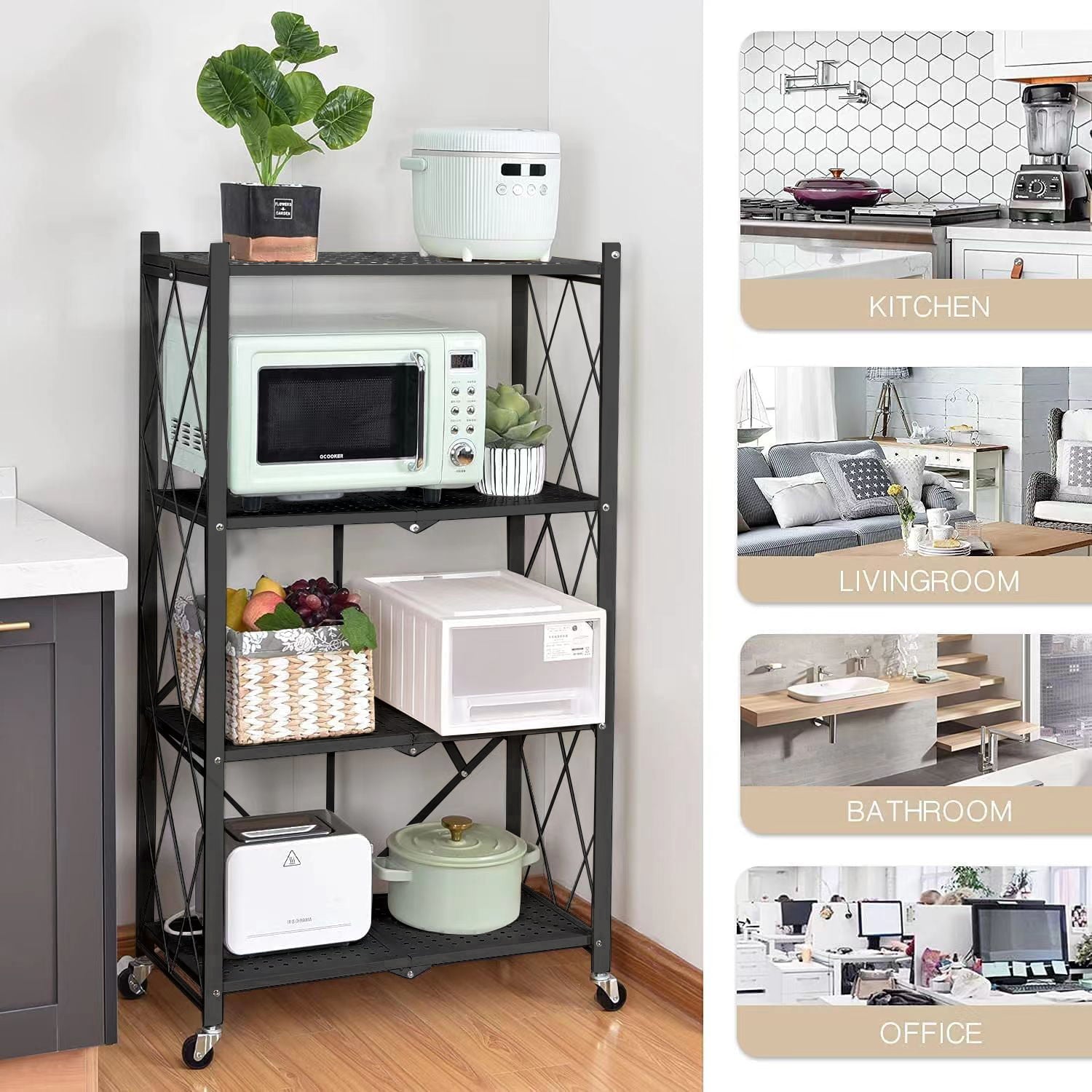 4-Tier Foldable Storage Shelving Unit, Heavy Duty Metal Shelf, Kitchen Shelf with 3 Hooks