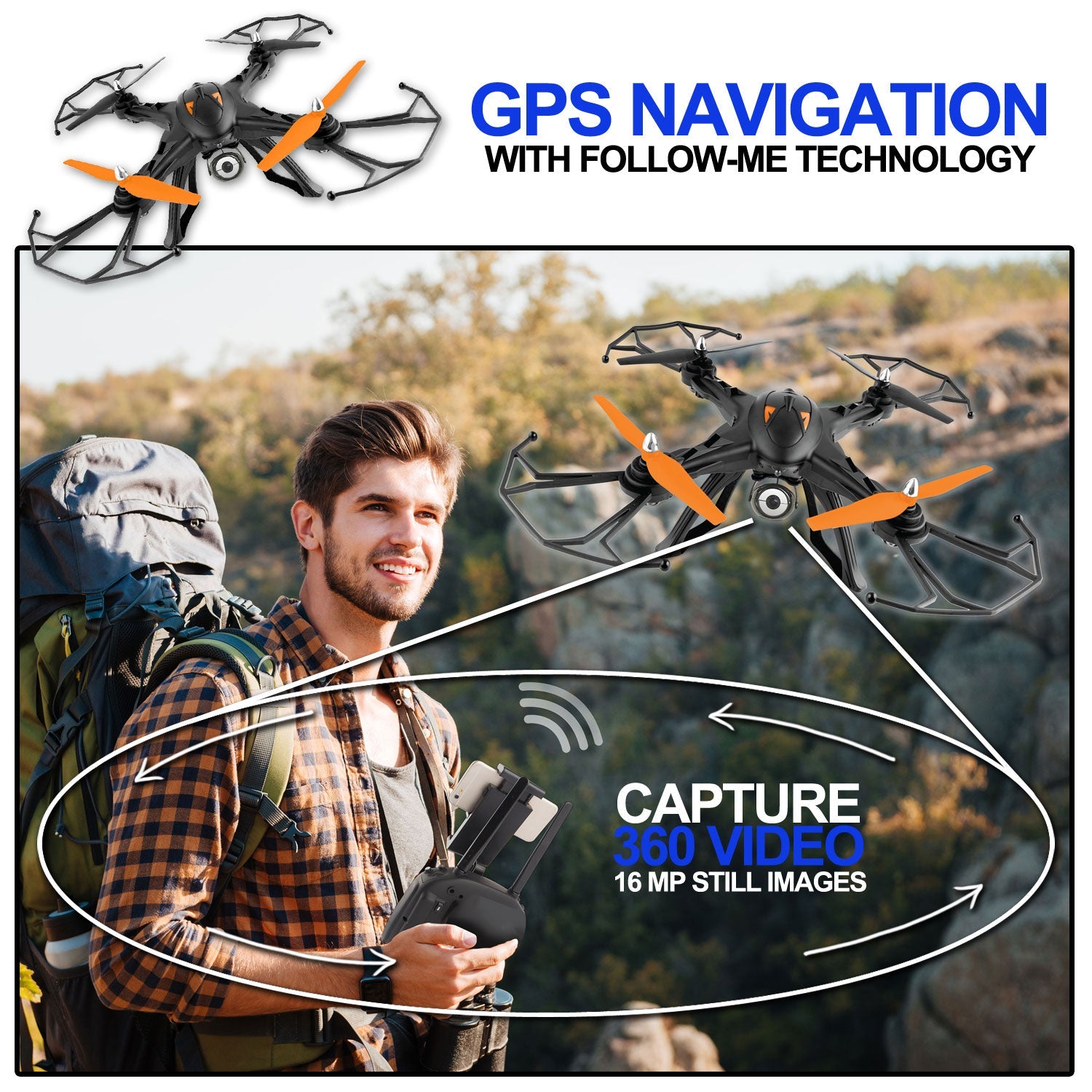 SUGIFT  360 Sky View Wifi HD Video Drone with GPS and 16 Mega Pixel Camera, Works with iOS & Android Devices Black