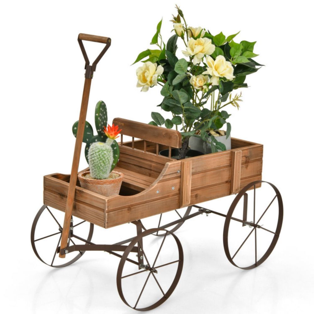 SUGIFT Wooden Wagon Plant Bed with Metal Wheels for Garden Yard Patio