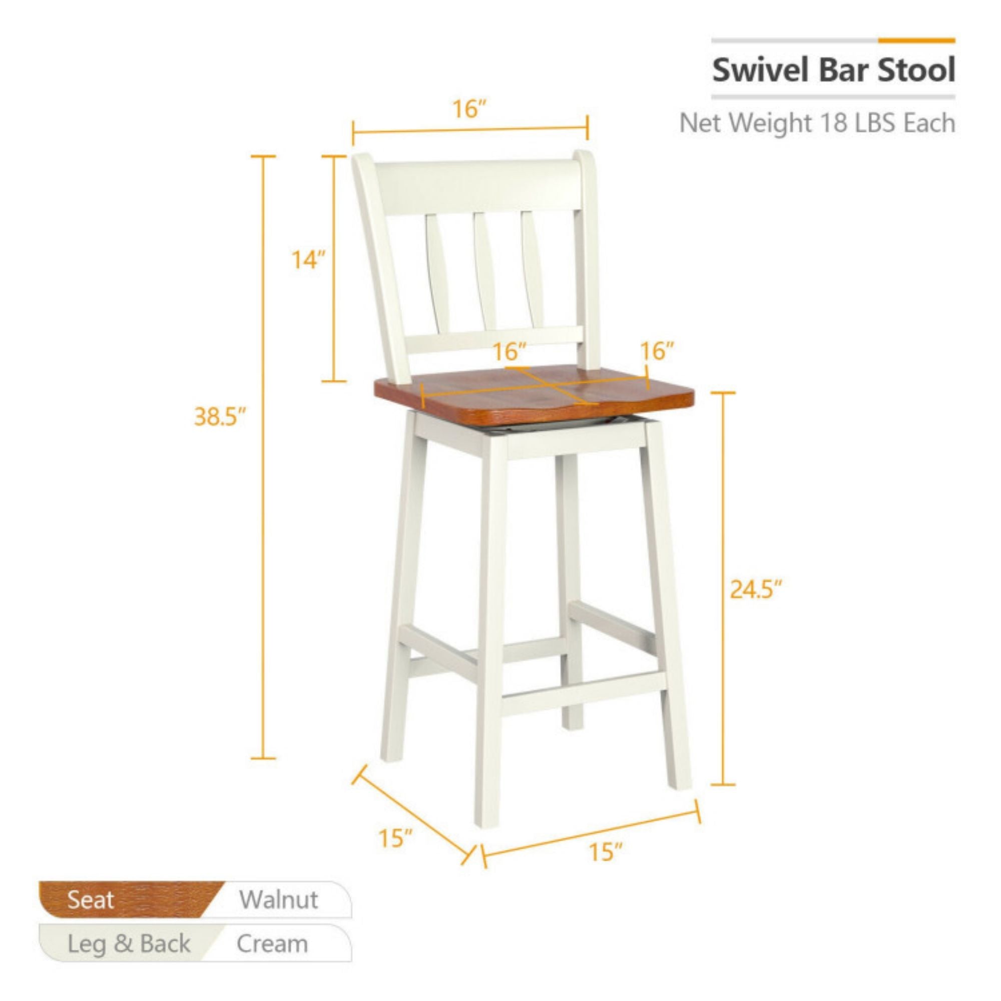 SUGIFT 24.5 Inches Set of 2 Swivel Bar Stools with 360° Swiveling