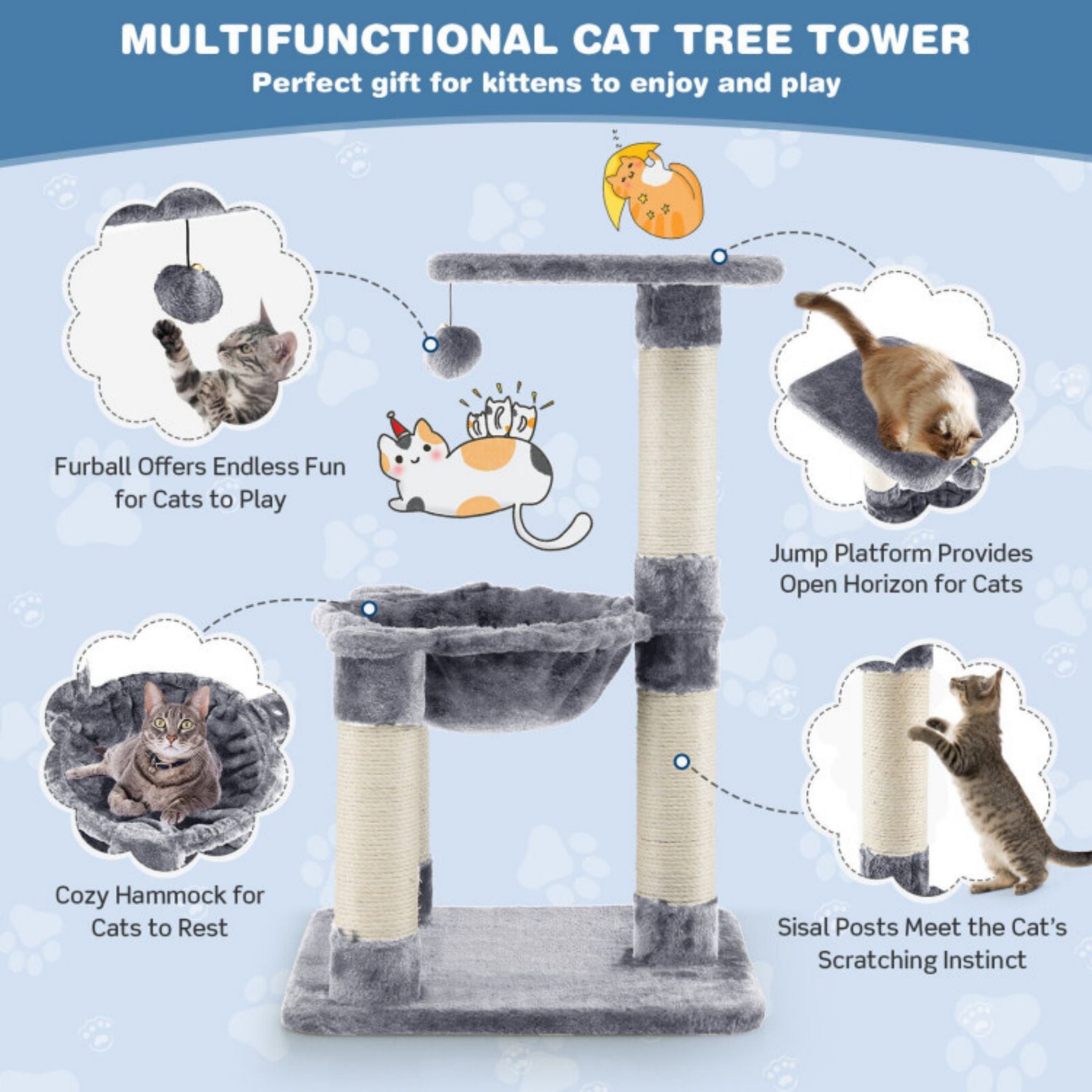 SUGIFT Multi-level Cat Tree with Scratching Posts and Cat Hammock