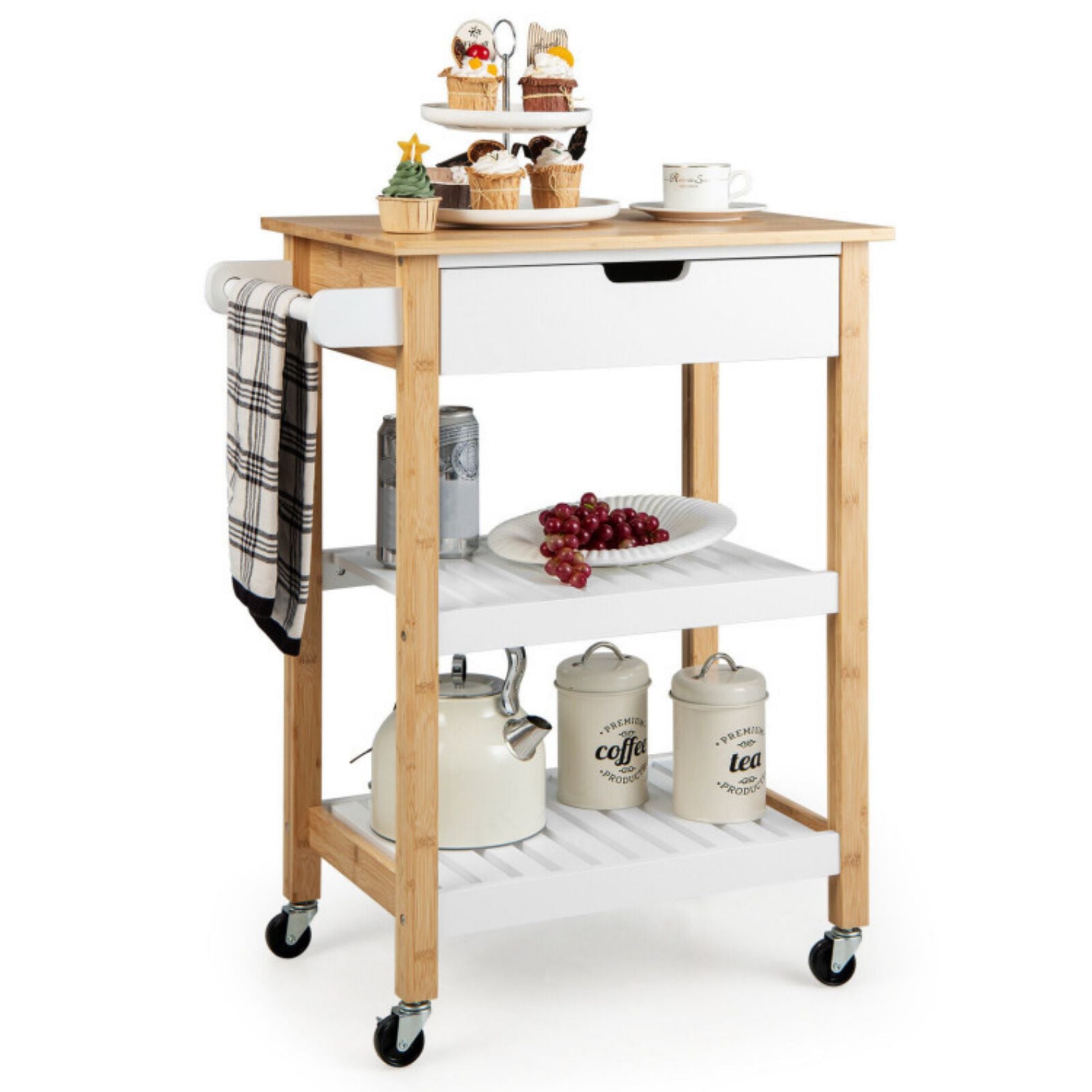 SUGIFT 3-Tier Kitchen Island Cart Rolling Service Trolley with Bamboo Top