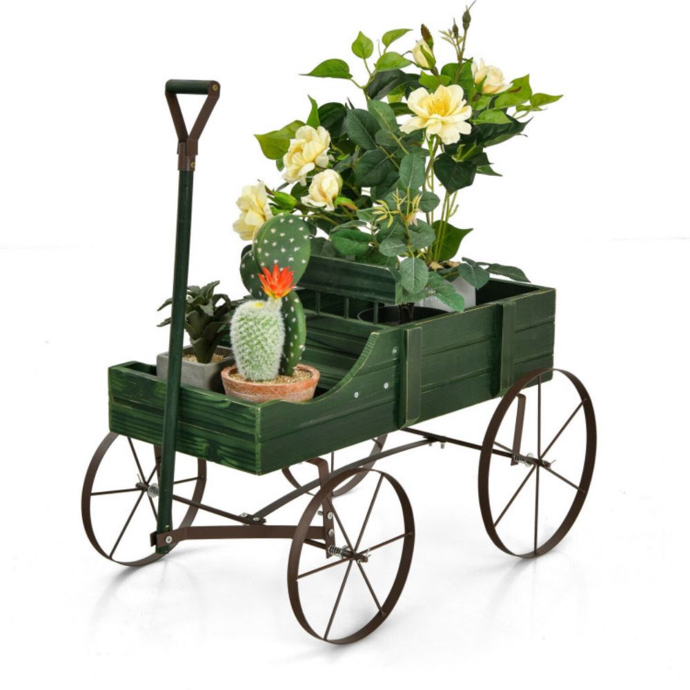 SUGIFT Wooden Wagon Plant Bed with Metal Wheels for Garden Yard Patio