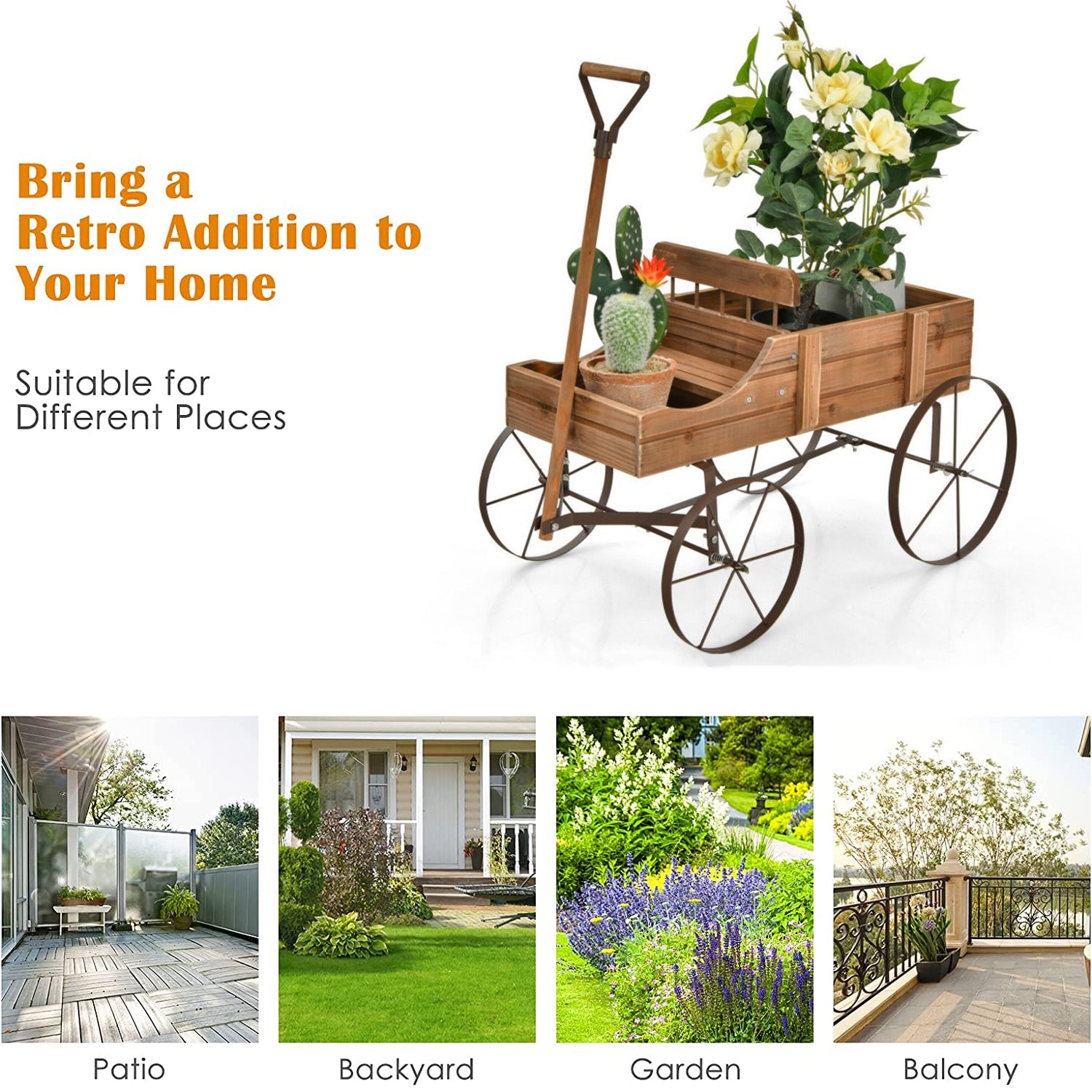 SUGIFT Wooden Wagon Plant Bed with Metal Wheels for Garden Yard Patio