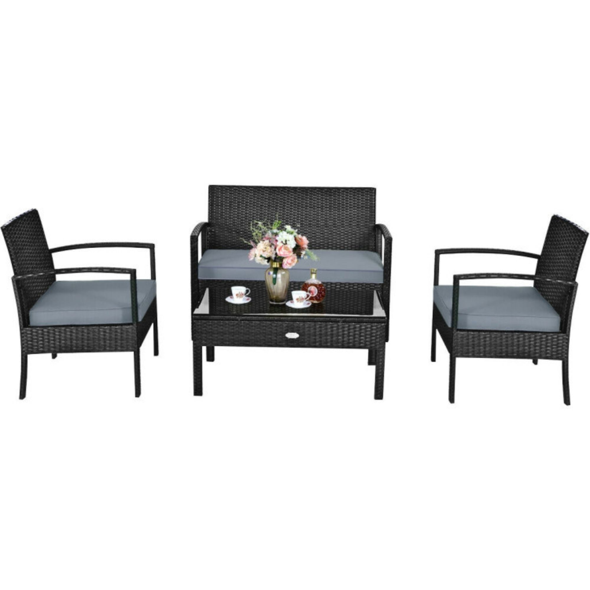 SUGIFT 4 Pieces Patio Rattan Cushioned Furniture Set with Loveseat and Table