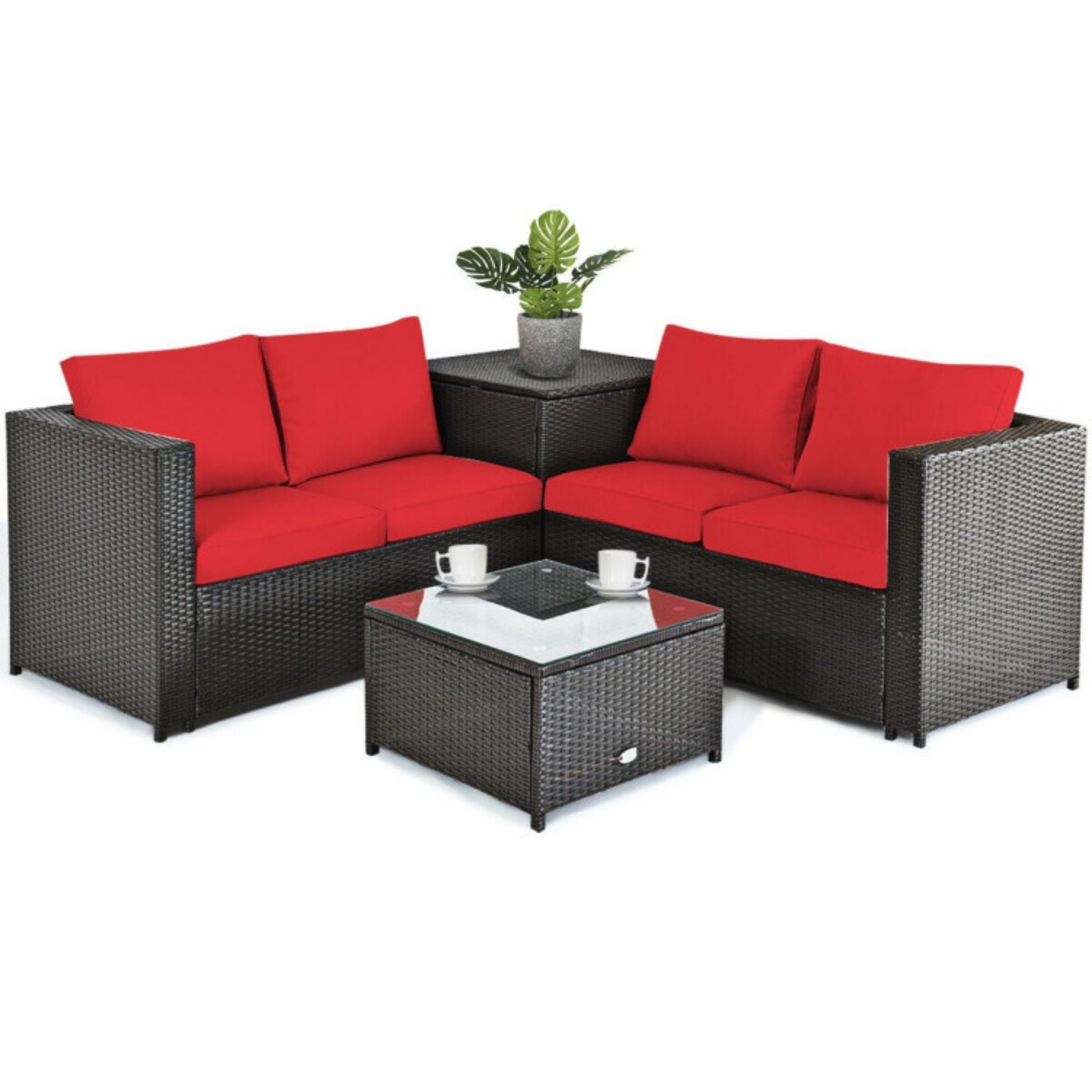 SUGIFT 4 Pieces Outdoor Patio Rattan Furniture Set with Loveseat and Storage Box
