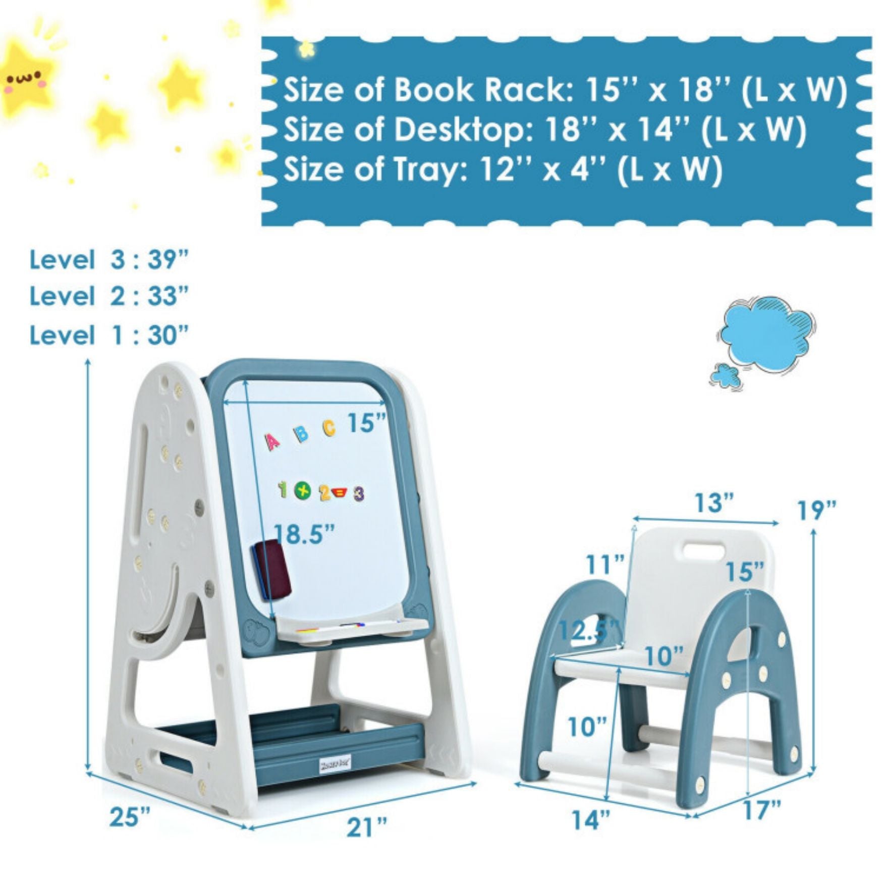 SUGIFT 2-in-1 Kids Easel Desk Chair Set Book Rack Adjustable Art Painting Board