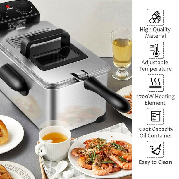 SUGIFT  Fryer 3.2 Quart Electric Stainless Steel Deep Fryer with Timer