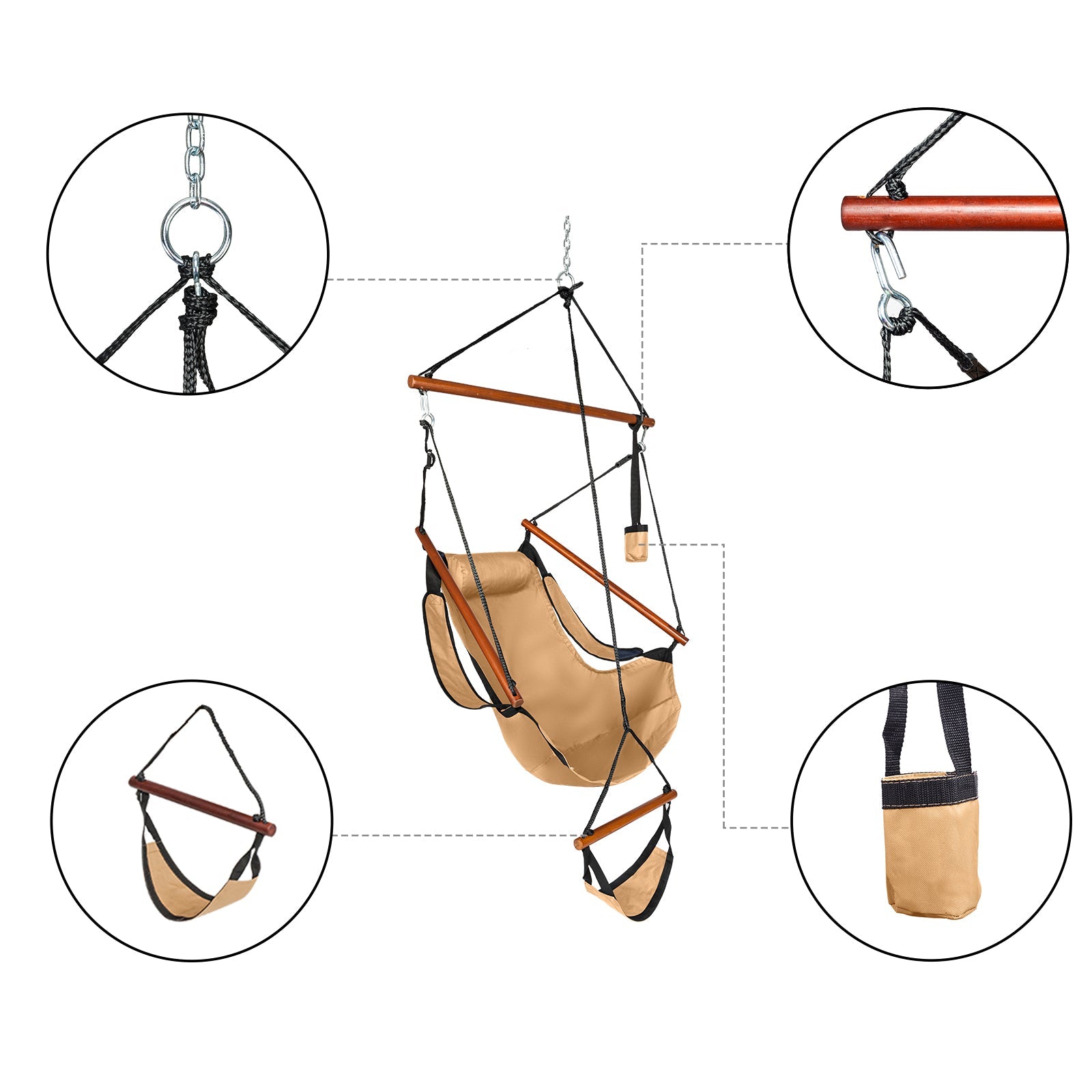 Cloth Hardwood With Cup Holder Wooden Stick Perforated 100kg Seaside Courtyard Oxford Cloth Hanging Chair?? Brown
