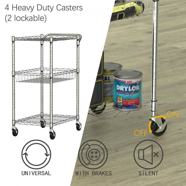 SUGIFT  3-Tier Utility Cart Heavy Duty Wire Rolling Organizer Cart with Handle Bar Storage Trolley