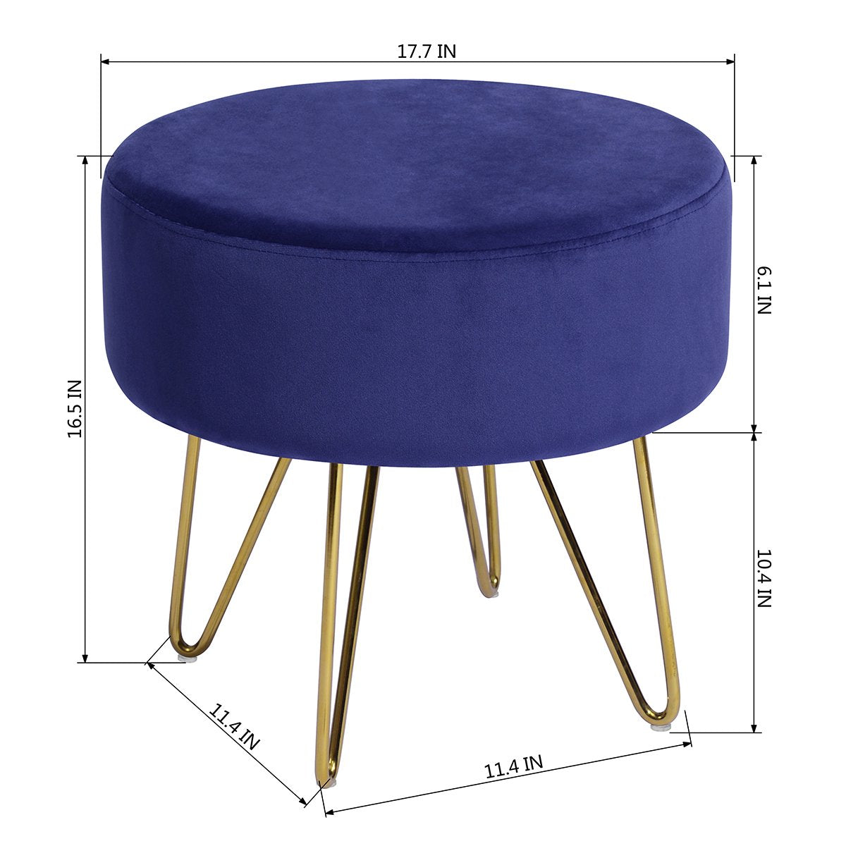 SUGIFT  17.7in Round Shaped Ottoman with Metal Legs Dark Blue and Gold