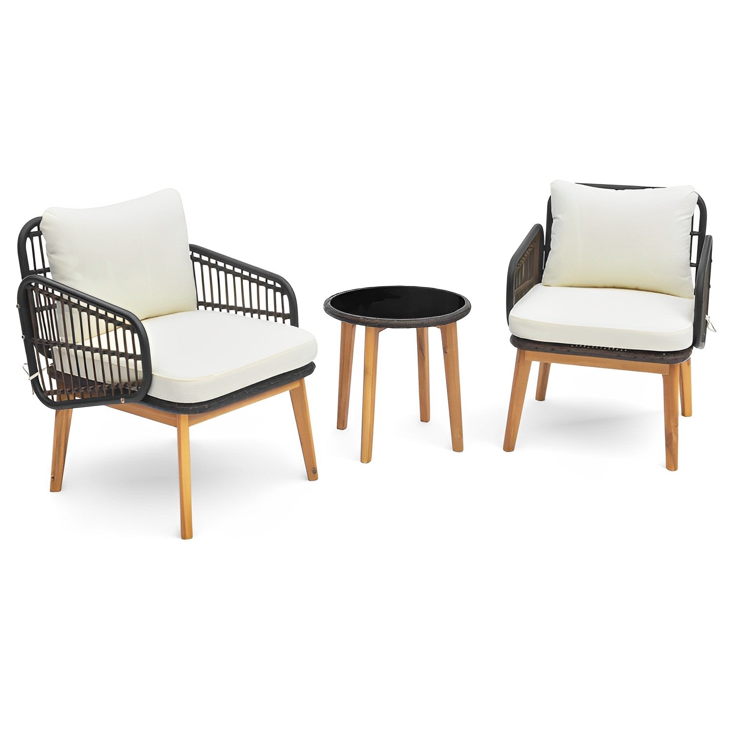 3 Pieces Patio Furniture Set with Cushioned Chairs and Tempered Glass Side Table