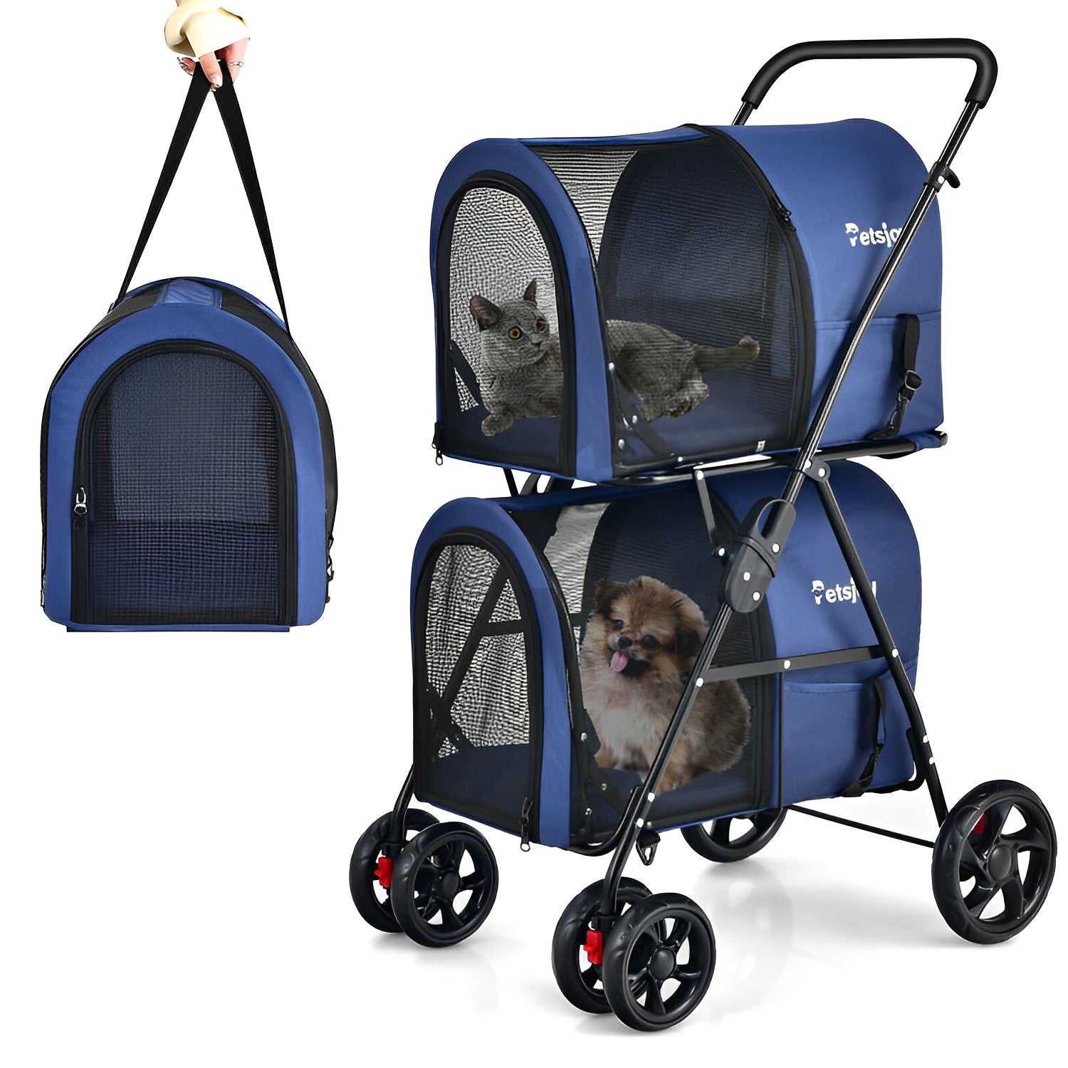 4-in-1 Double Pet Stroller with Detachable Carriers and Travel Carriage