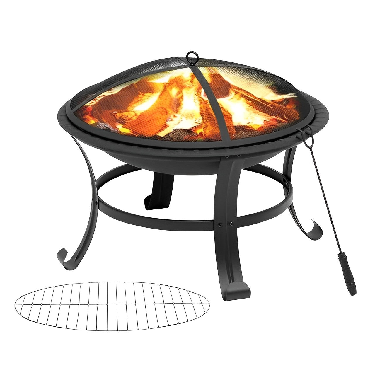 26in Outdoor All-Season Portable Steel Fire Pits with Spark Screen, Barbecue Net, Poke