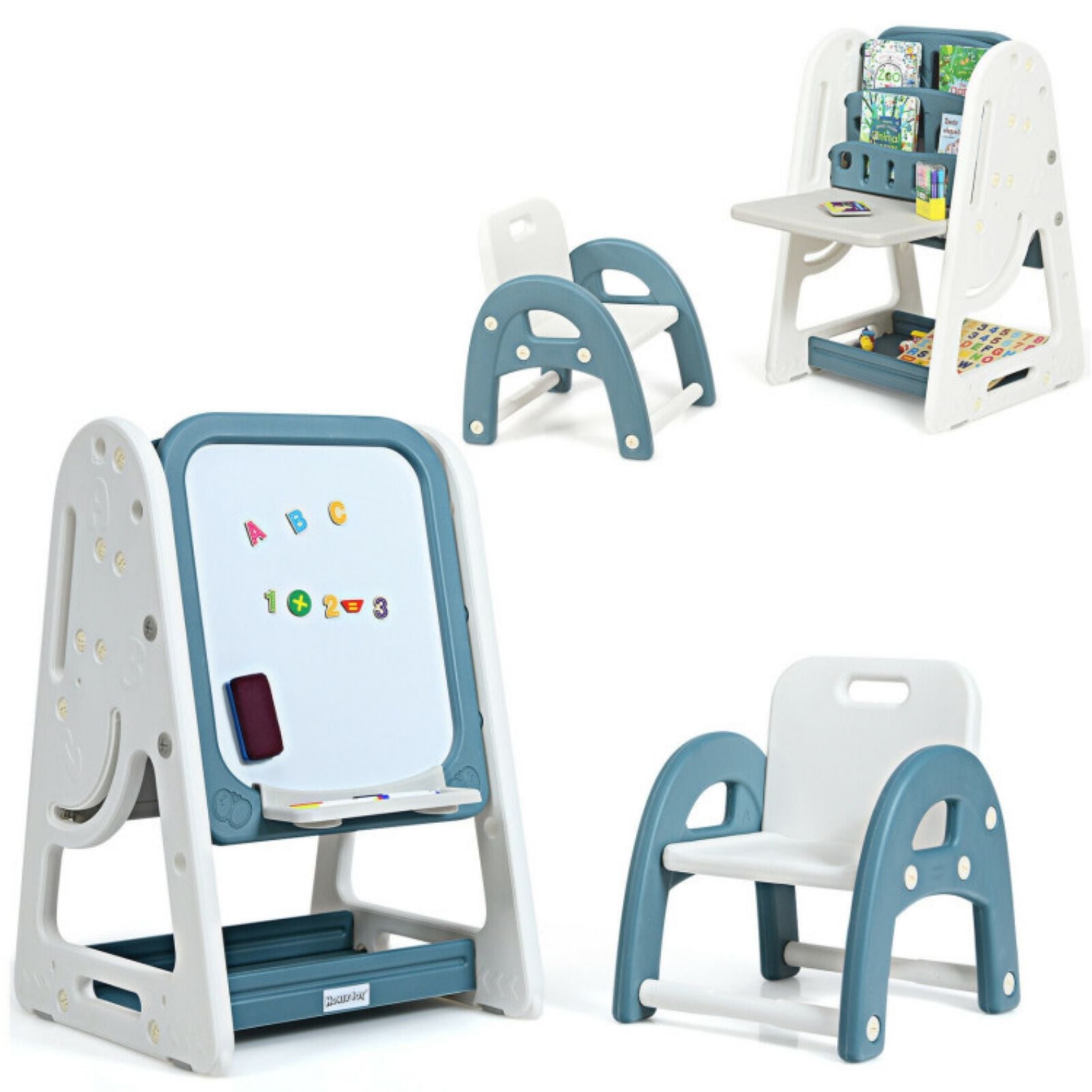 SUGIFT 2-in-1 Kids Easel Desk Chair Set Book Rack Adjustable Art Painting Board