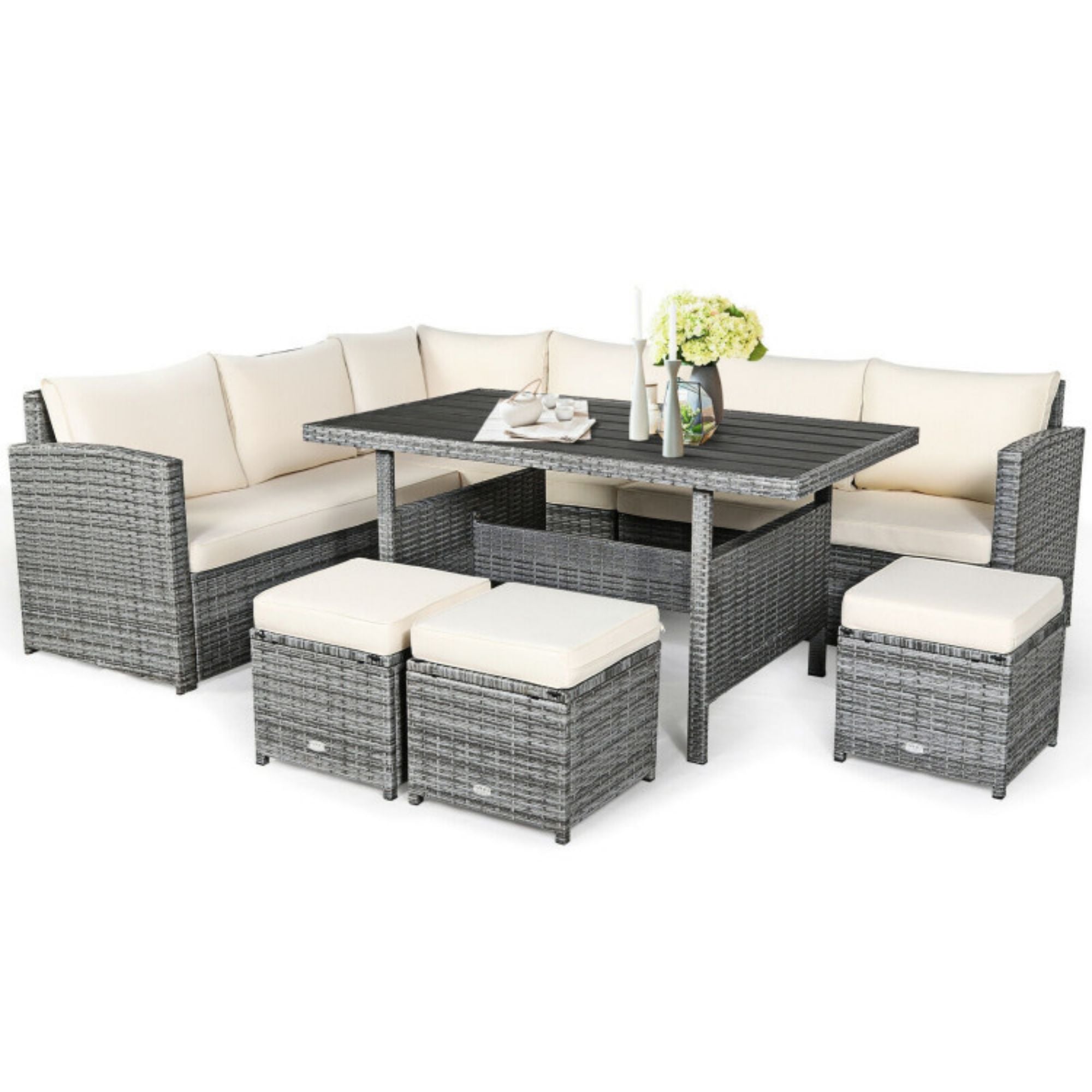 SUGIFT 7 Pieces Outdoor Wicker Sectional Sofa Set with Dining Table