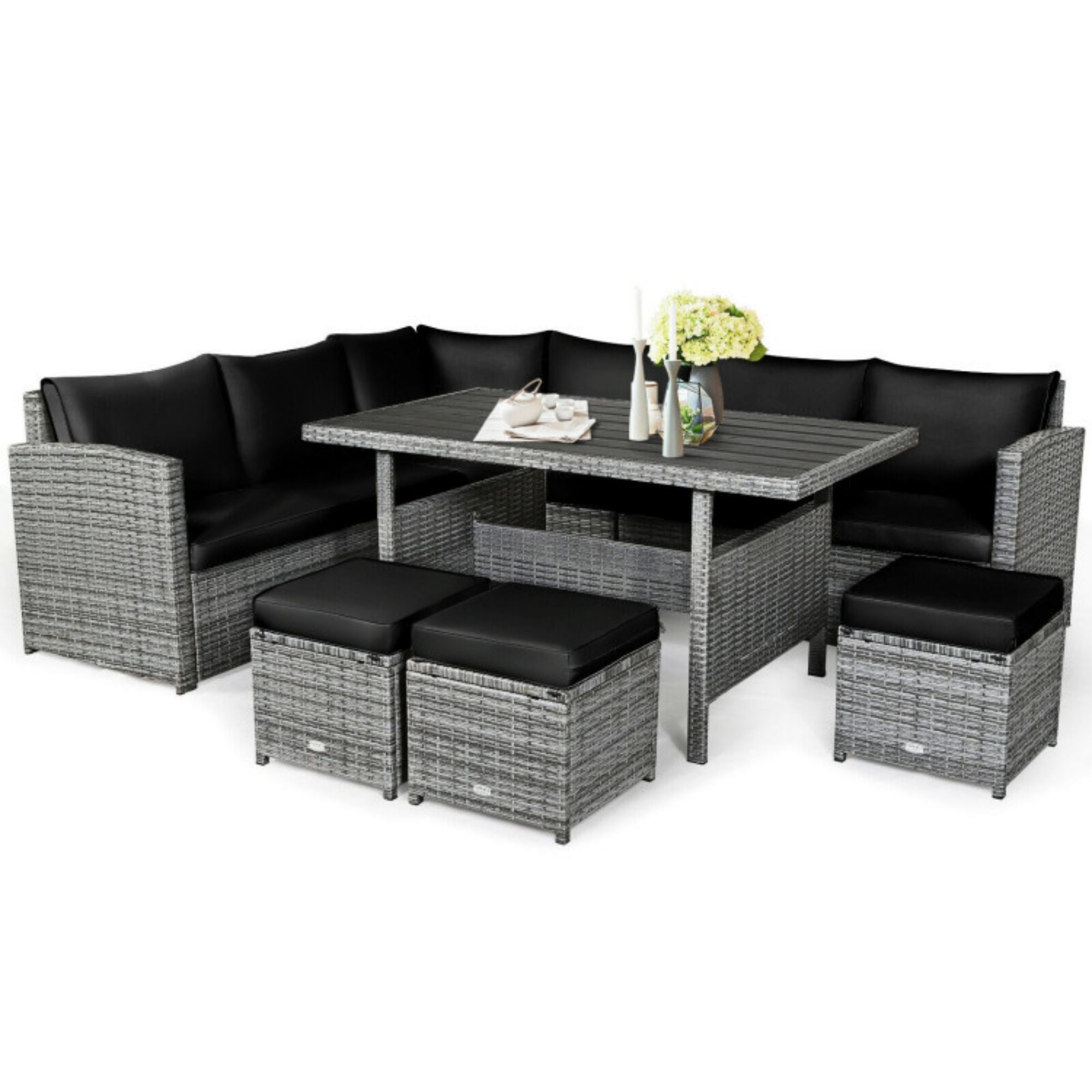 SUGIFT 7 Pieces Outdoor Wicker Sectional Sofa Set with Dining Table