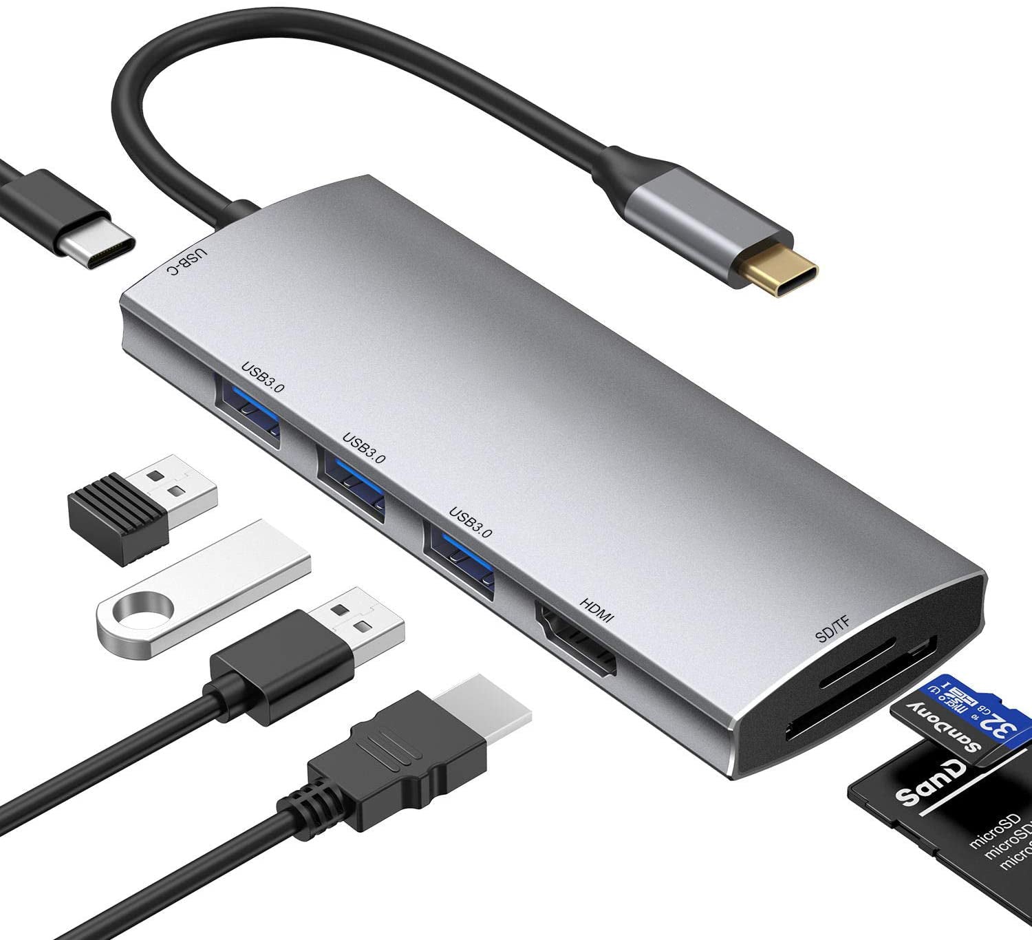 USB C Hub, SUGIFT USB C Dongle, 7 in 1 USB C to HDMI Multiport Adapter Compatible for MacBook Pro USB C Laptops Nintendo and Other Type C Devices (4K HDMI USB3.0 SD/TF Card Reader 100W PD