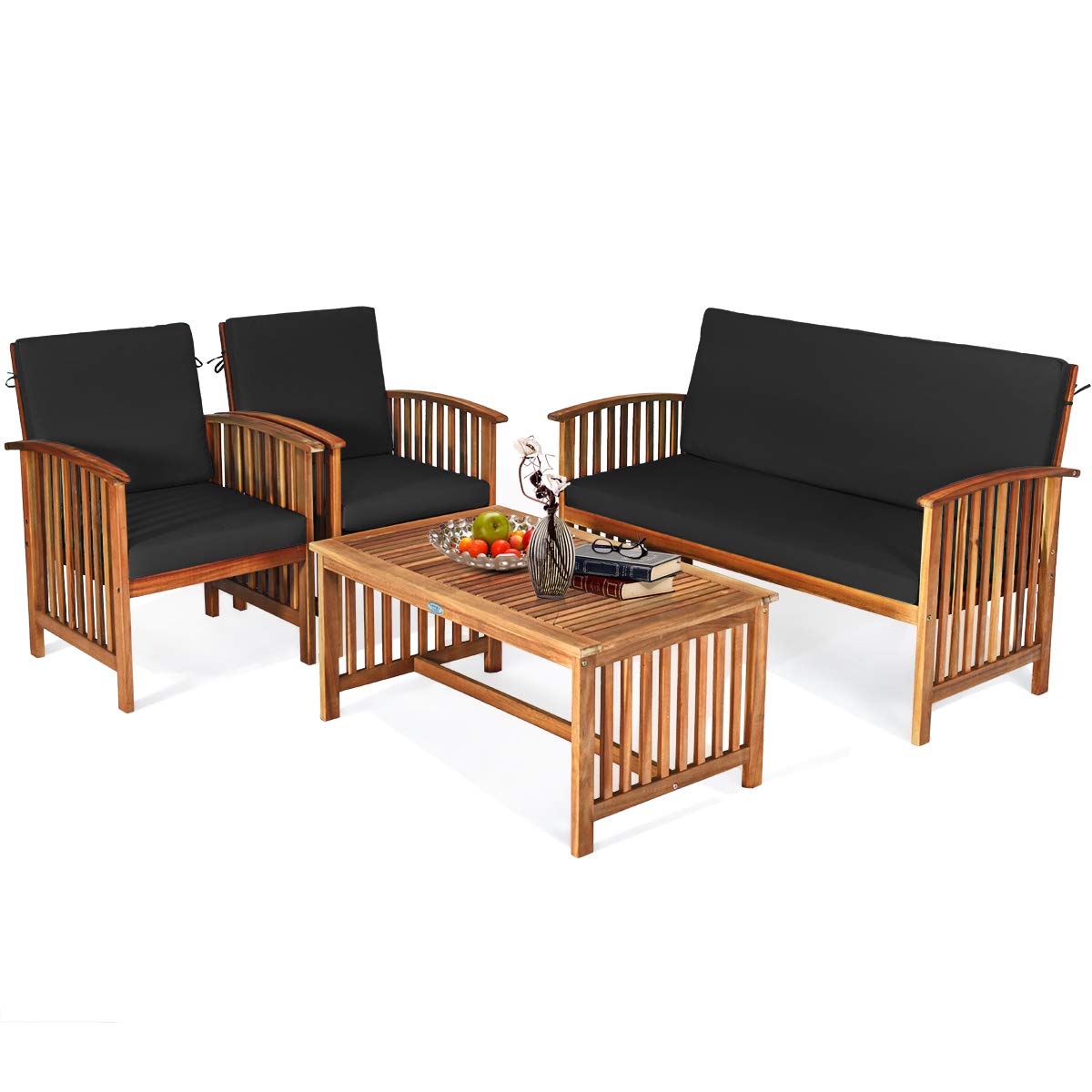 SUGIFT 4 Pieces Patio Solid Wood Furniture Set with Water Resistant Cushions