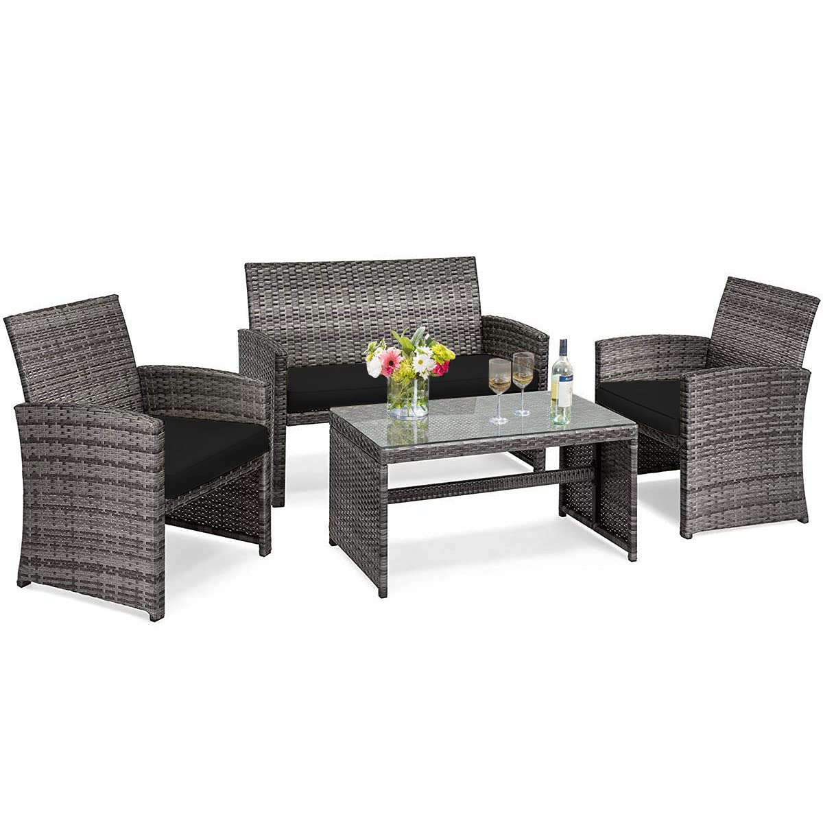 SUGIFT 4 Pieces Patio Rattan Furniture Set with Glass Table and Loveseat