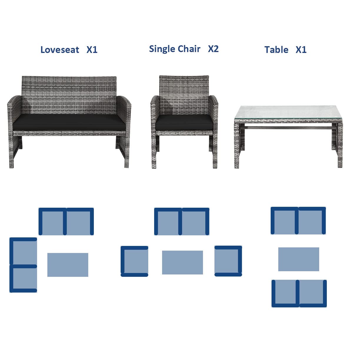 SUGIFT 4 Pieces Patio Rattan Furniture Set with Glass Table and Loveseat