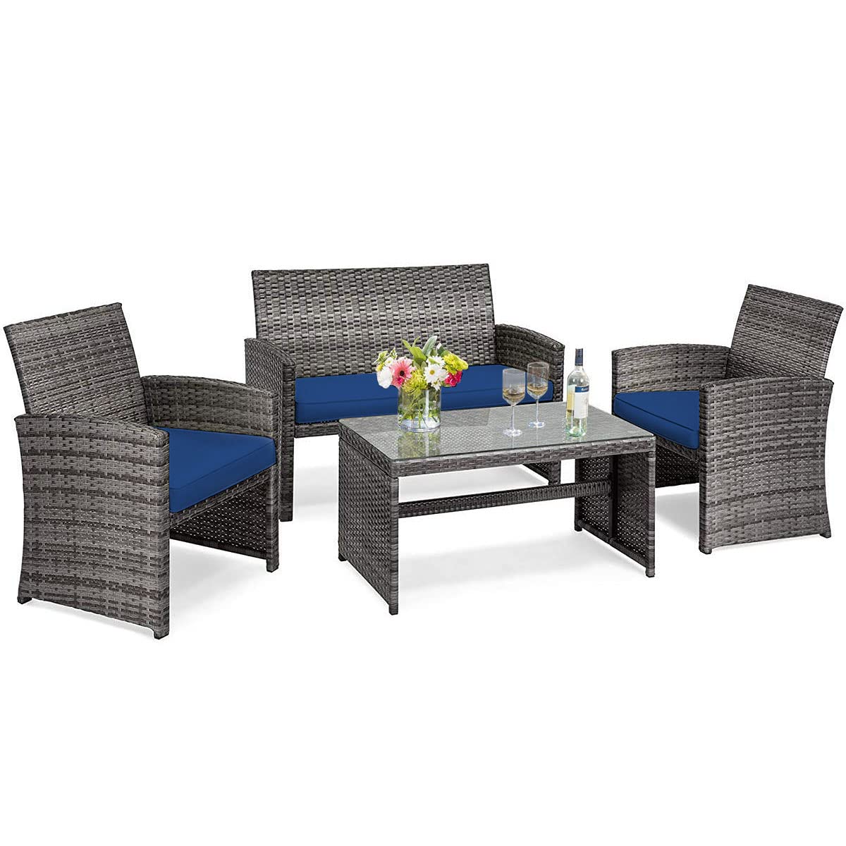 SUGIFT 4 Pieces Patio Rattan Furniture Set with Glass Table and Loveseat